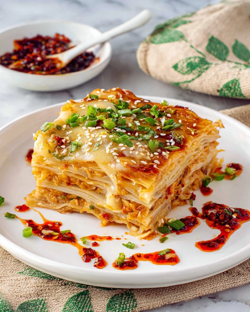 A square piece of layered dish with multiple thin layers stacked evenly, each layer showing a mix of light beige dough and orange-tinted filling with hints of green herbs. On top, melted pale yellow cheese is spread unevenly, sprinkled with white sesame seeds and small green onion pieces. Surrounding the base of the dish on the white plate are drops and streaks of bright red chili sauce mixed with dark bits of chili flakes and green chopped herbs. A white spoon with chili paste is placed in the background on a white marbled surface next to a beige cloth with green leaf prints. Photo taken with an iphone --ar 4:5 --v 7