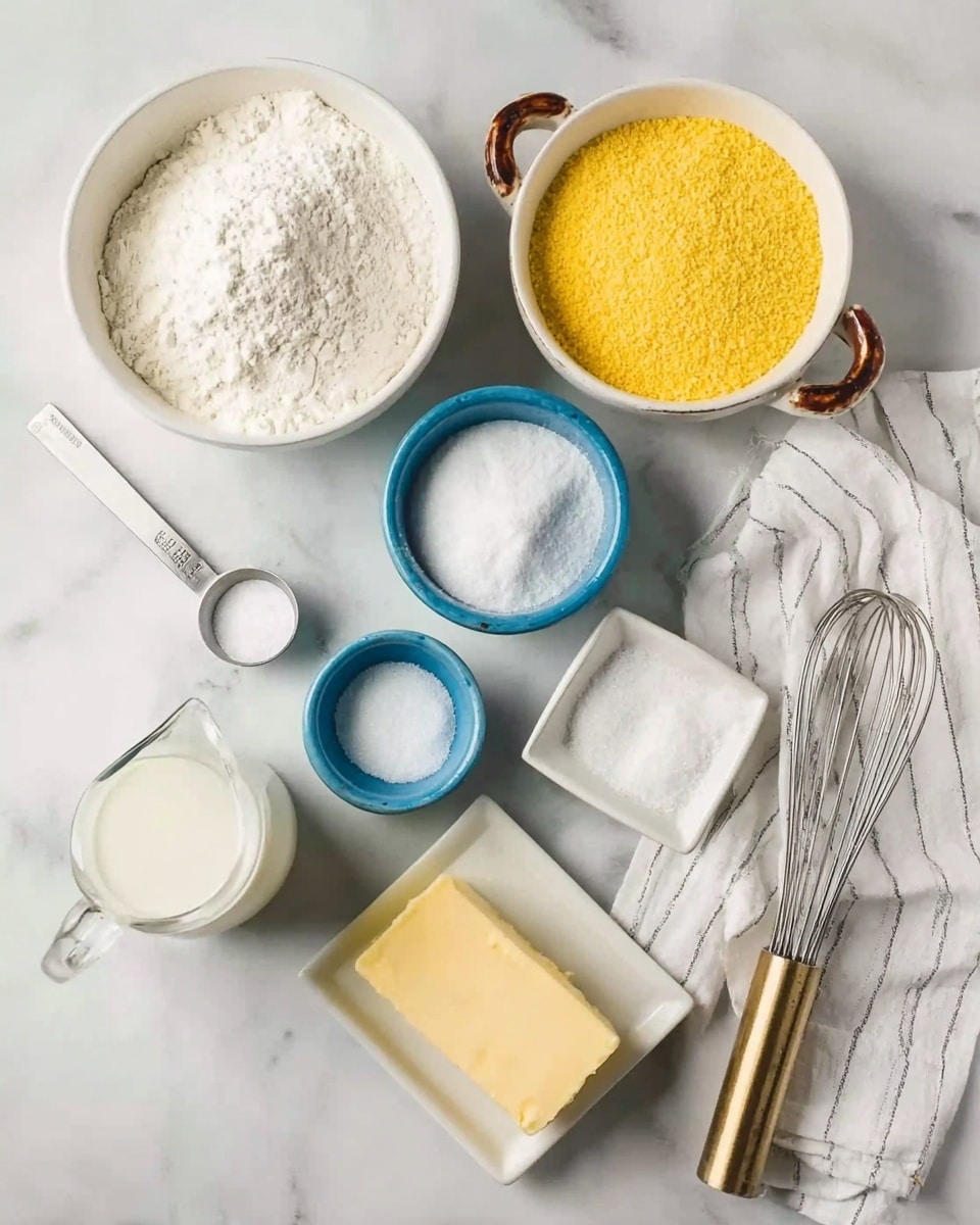 The image shows seven containers with different dry and wet ingredients arranged on a white marbled surface. On the top left, a large white bowl is filled with white flour. To its right, a white bowl with a brown handle holds bright yellow cornmeal. Below these, two small blue bowls are placed side by side; one has a white powder, and the other is empty. A metal measuring spoon with white salt is placed diagonally on the left beneath the large bowls. Below these, a glass jug filled with a white liquid is on the left side, and a rectangular block of pale yellow butter is placed to its right. A small white square bowl filled with granulated white sugar is near the bottom center, and to the right of it lies a metal whisk with a wooden handle resting on a white and gray striped cloth. photo taken with an iphone --ar 4:5 --v 7