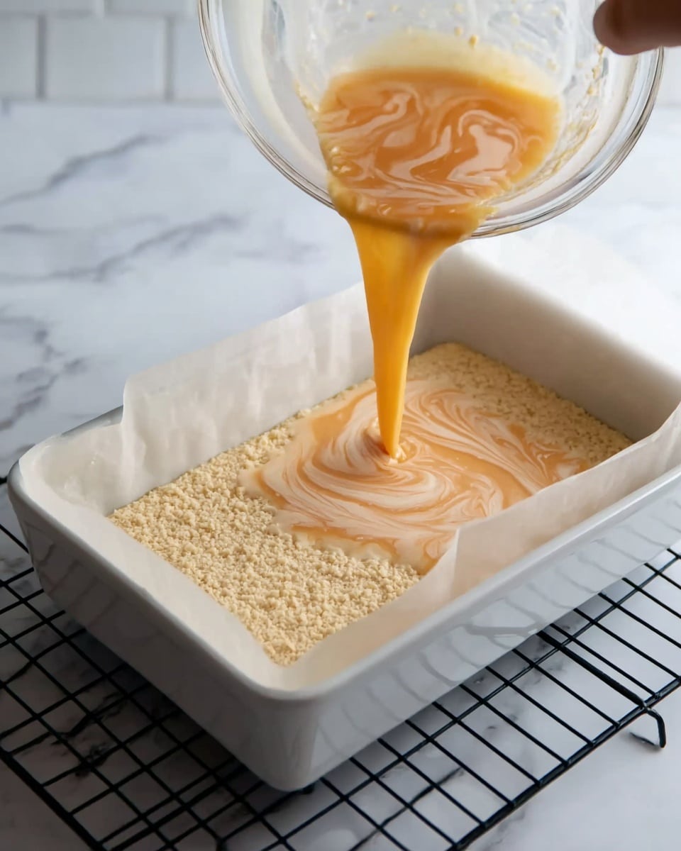 The image shows a white rectangular baking dish lined with parchment paper holding a thick, pale beige base layer with a crumbly texture. Above it, a light orange liquid batter with frothy bubbles is being poured from a clear glass bowl by a woman's hand, creating swirling patterns as it spreads over the base. The dish is placed on a black cooling rack set on a white marbled surface. Photo taken with an iphone --ar 4:5 --v 7
