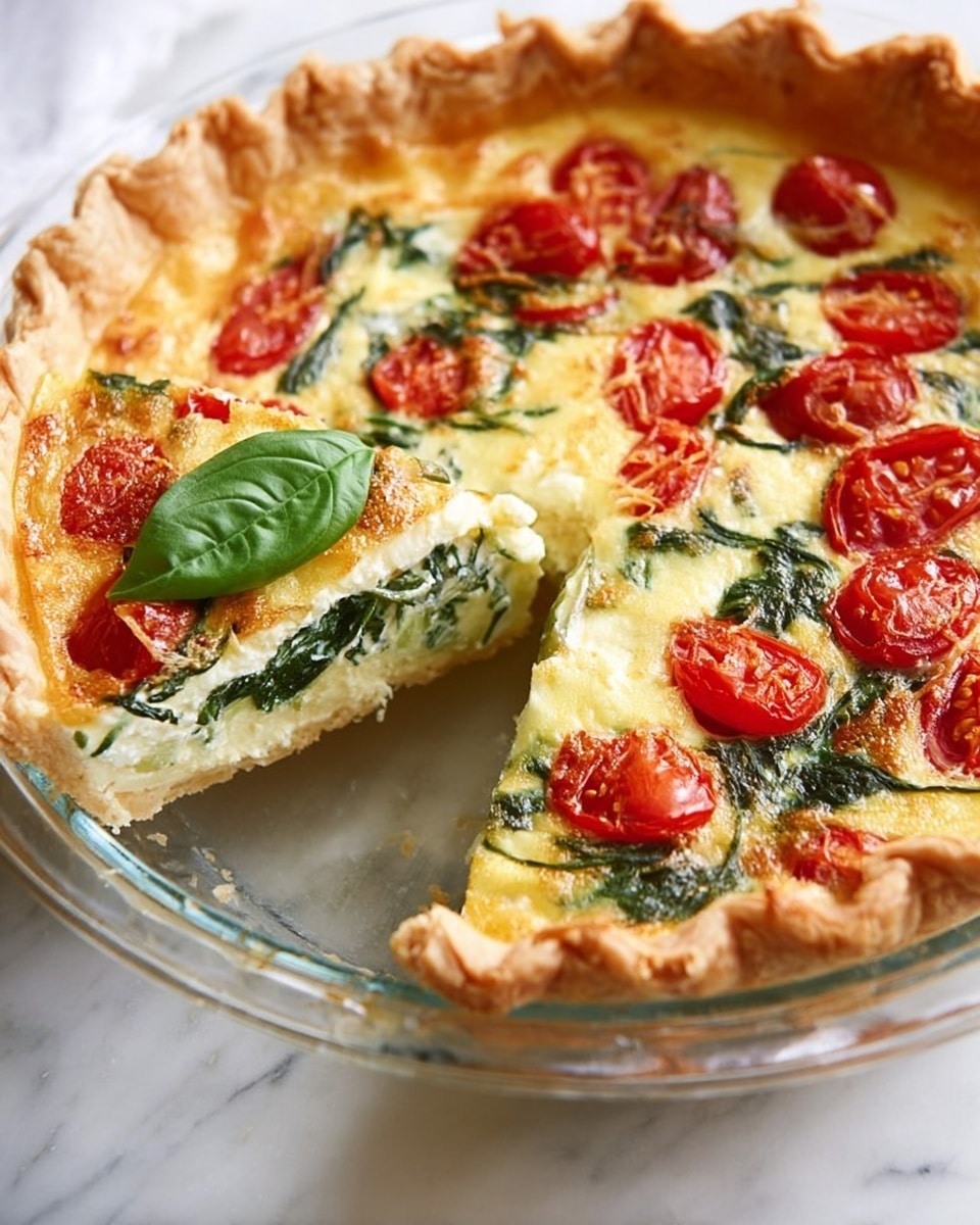 A golden brown pie crust holds a creamy filling with bright green spinach leaves spread evenly inside. On top, halved red cherry tomatoes are scattered across the light yellow, slightly browned surface of the filling. A fresh green basil leaf sits on the cut slice, which is slightly lifted from the rest of the pie, showing the distinct layers of flaky crust, smooth filling with spinach, and juicy tomato pieces. The pie rests on a white marbled surface in a clear glass pie dish. Photo taken with an iphone --ar 4:5 --v 7