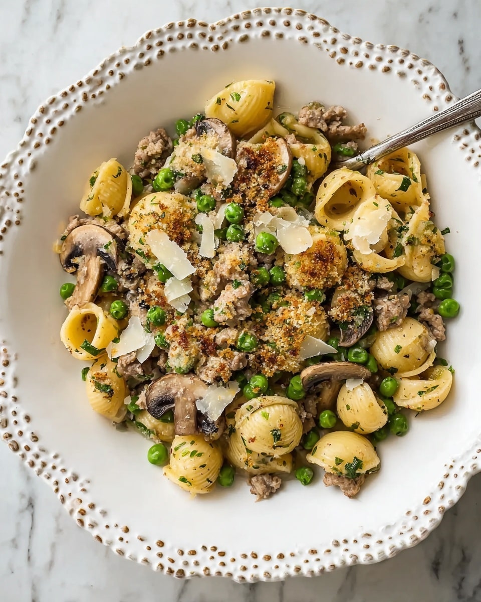 The dish is a close-up view of a pasta meal served in a white scalloped edge bowl with decorative dots around the rim, placed on a white marbled surface. The main layer consists of round pasta shells that are light golden yellow and mixed with cooked ground meat pieces showing a slightly browned texture. Green peas are scattered evenly throughout, adding bright green pops of color. Thin slices of sautéed mushrooms introduce a dark brown color among the layers. On top, there are uneven clusters of browned breadcrumbs with herbs sprinkled around and thin shavings of pale yellow cheese placed randomly for texture contrast. A silver fork rests inside the bowl, partially immersed in the food. photo taken with an iphone --ar 4:5 --v 7