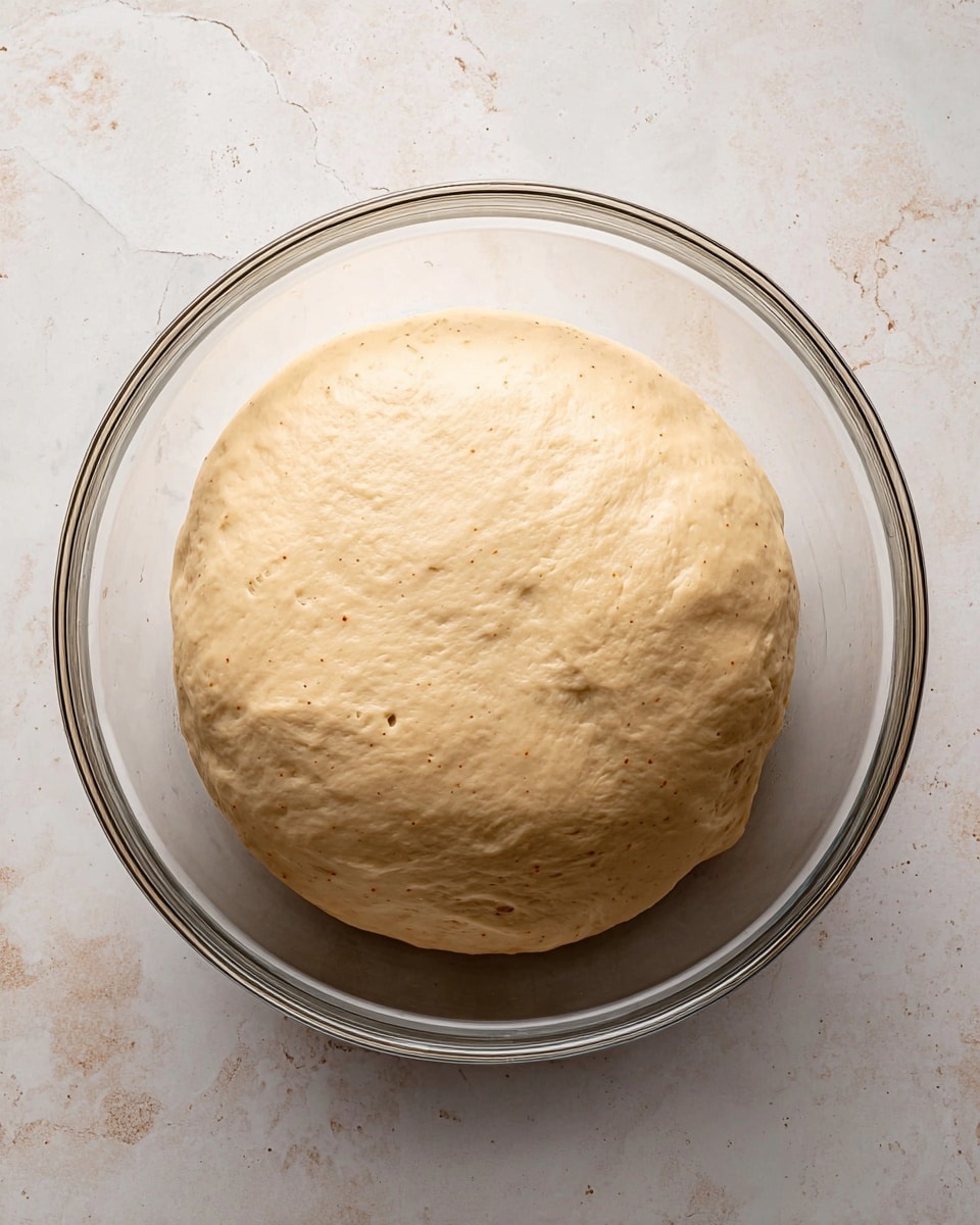 A clear glass bowl sits on a white marbled surface, holding a single large round ball of dough. The dough is smooth with a light beige color and some tiny darker specks scattered on its surface. It fills most of the bowl and looks soft and slightly puffy, showing it has been risen carefully. The bowl's transparent sides reveal the dough’s rounded shape resting gently inside. photo taken with an iphone --ar 4:5 --v 7