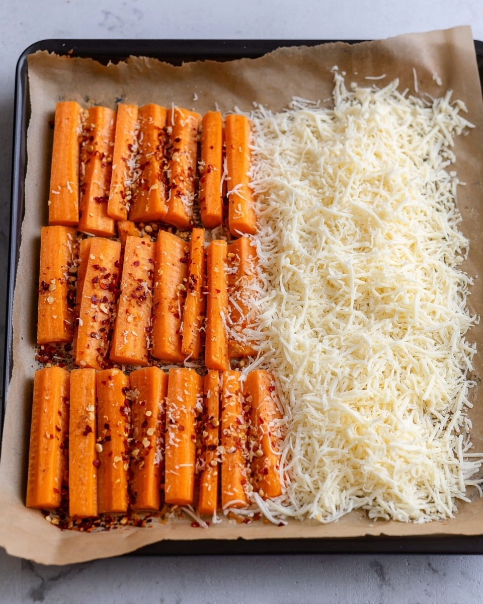 The image shows a baking tray lined with parchment paper on a white marbled surface. On the left side of the tray, there are three layers of bright orange carrot sticks, each piece sprinkled with small bits of garlic and red pepper flakes, arranged neatly in rows. On the right side of the tray, there is a thick layer of shredded white cheese spread evenly. The contrast between the orange carrots and white cheese is clear and crisp. Photo taken with an iphone --ar 4:5 --v 7