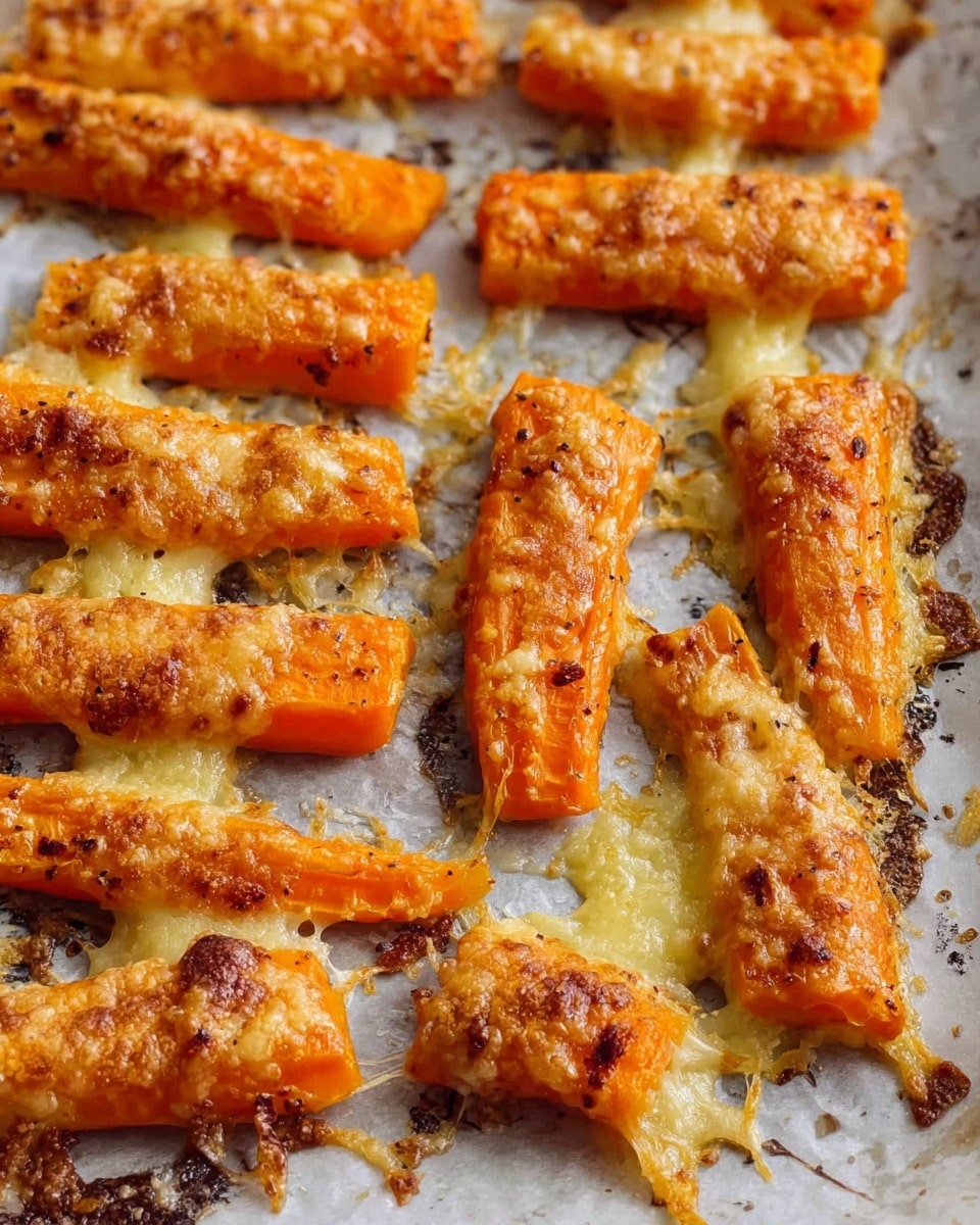 This image shows a close-up of baked carrot pieces arranged in rows on parchment paper with crispy melted cheese around and on some of them. The carrots are bright orange with a soft texture, and the cheese forms a golden, bubbly layer that is slightly browned and crunchy in places. The parchment paper underneath has a slightly shiny, oily look with small browned spots from baking. The background surface is a white marbled texture. photo taken with an iphone --ar 4:5 --v 7
