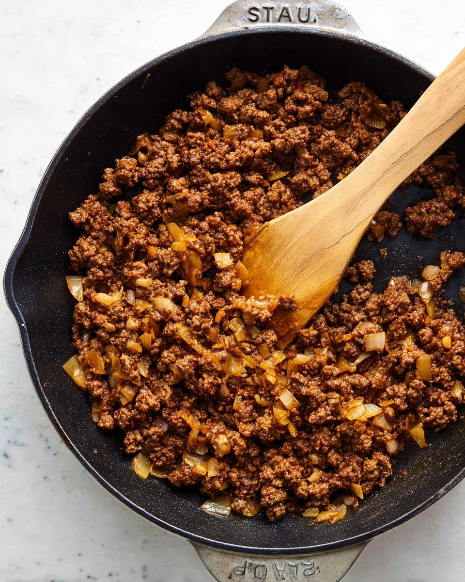 A close-up view of a black Staub skillet filled with cooked ground meat mixed with sautéed diced onions. The meat is brown and crumbly with a slightly oily texture, and the onions are translucent with a light golden color, mingled evenly throughout. A wooden spatula with a long handle rests in the skillet, partially stirring the mixture. The skillet is set on a white marbled surface, emphasizing the rich brown and amber colors of the cooked ingredients. Photo taken with an iphone --ar 4:5 --v 7