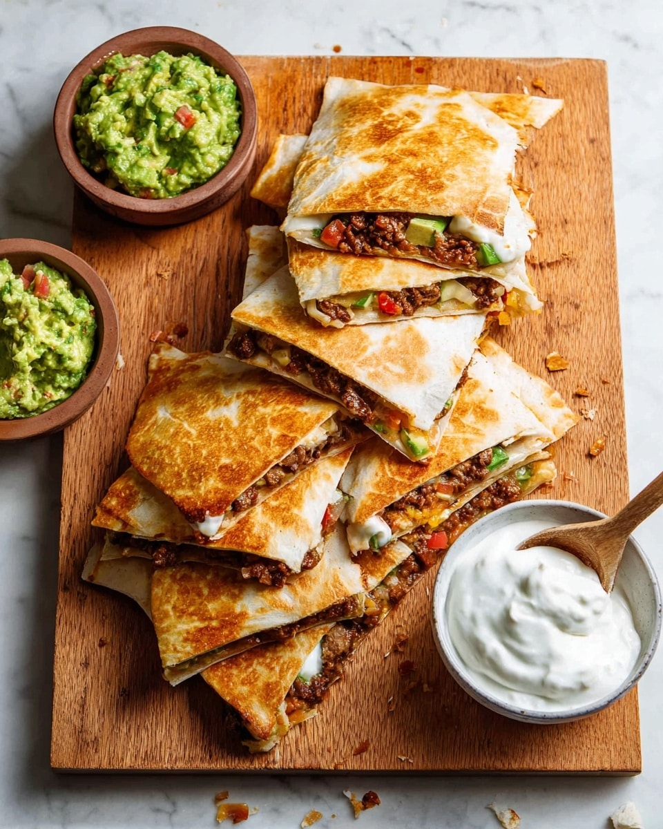 Several folded, golden-brown tortillas form layered triangles with a slightly toasted texture on top. Inside each folded tortilla, there are visible layers of crumbled browned meat, green avocado chunks, white cheese, and bits of red and green vegetables scattered throughout. The tortillas are arranged on a wooden board with small crumbs around them. On the left side of the board, there is a small brown bowl filled with chunky green guacamole and a silver spoon. On the right side, a white bowl holds smooth white sour cream with a wooden spoon inside. The surface under the board is a white marbled texture. Photo taken with an iphone --ar 4:5 --v 7