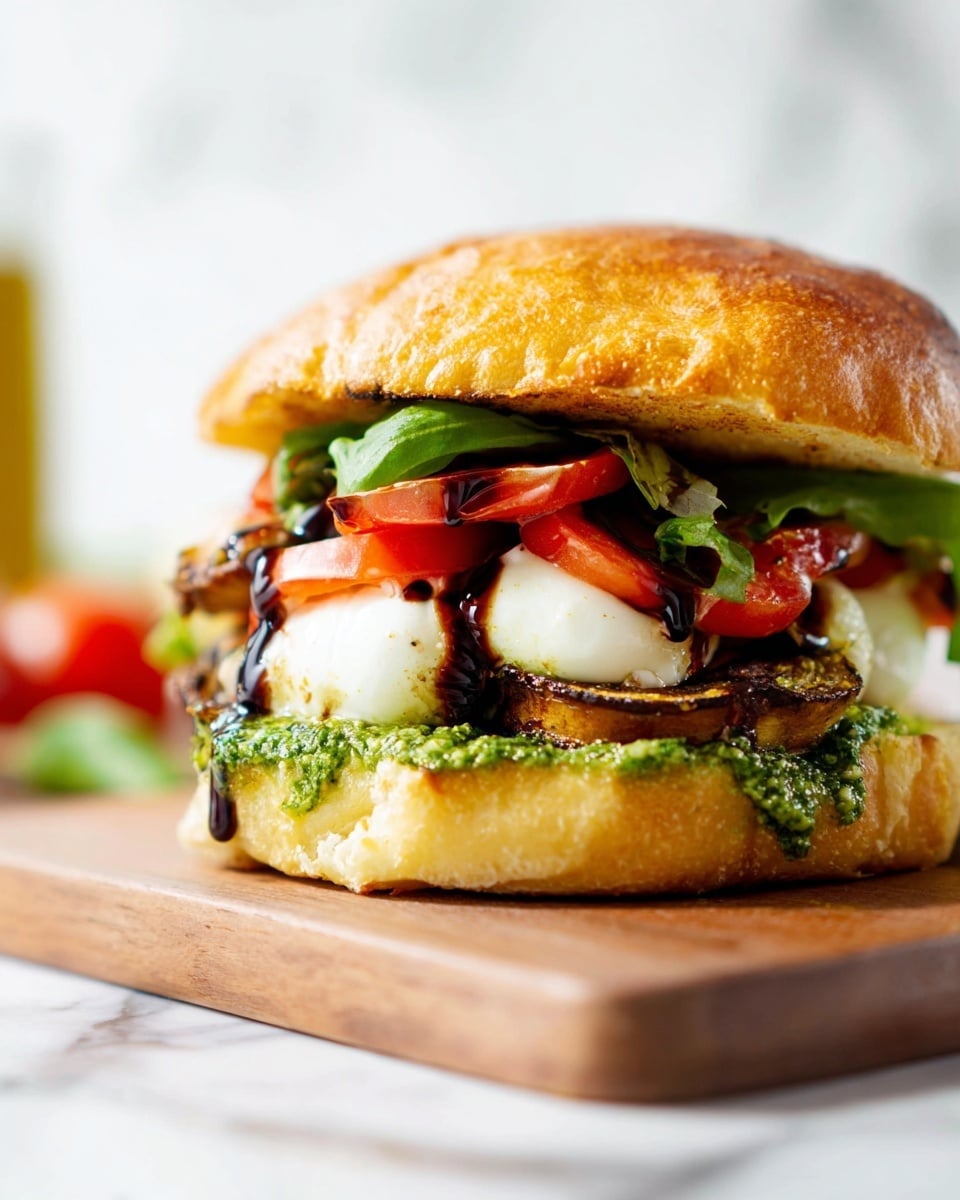 The sandwich has five clear layers, starting from the bottom with a toasted golden-brown bun spread with bright green pesto sauce that looks chunky. Above it is a layer of grilled, brown textured veggies, followed by melted white cheese balls that are soft and slightly browned. On top of the cheese, there are slices of fresh red tomatoes, and the sandwich is finished with a toasted golden-brown bun top drizzled with dark balsamic glaze. The sandwich sits on a wooden board with a white marbled background. Photo taken with an iphone --ar 4:5 --v 7
