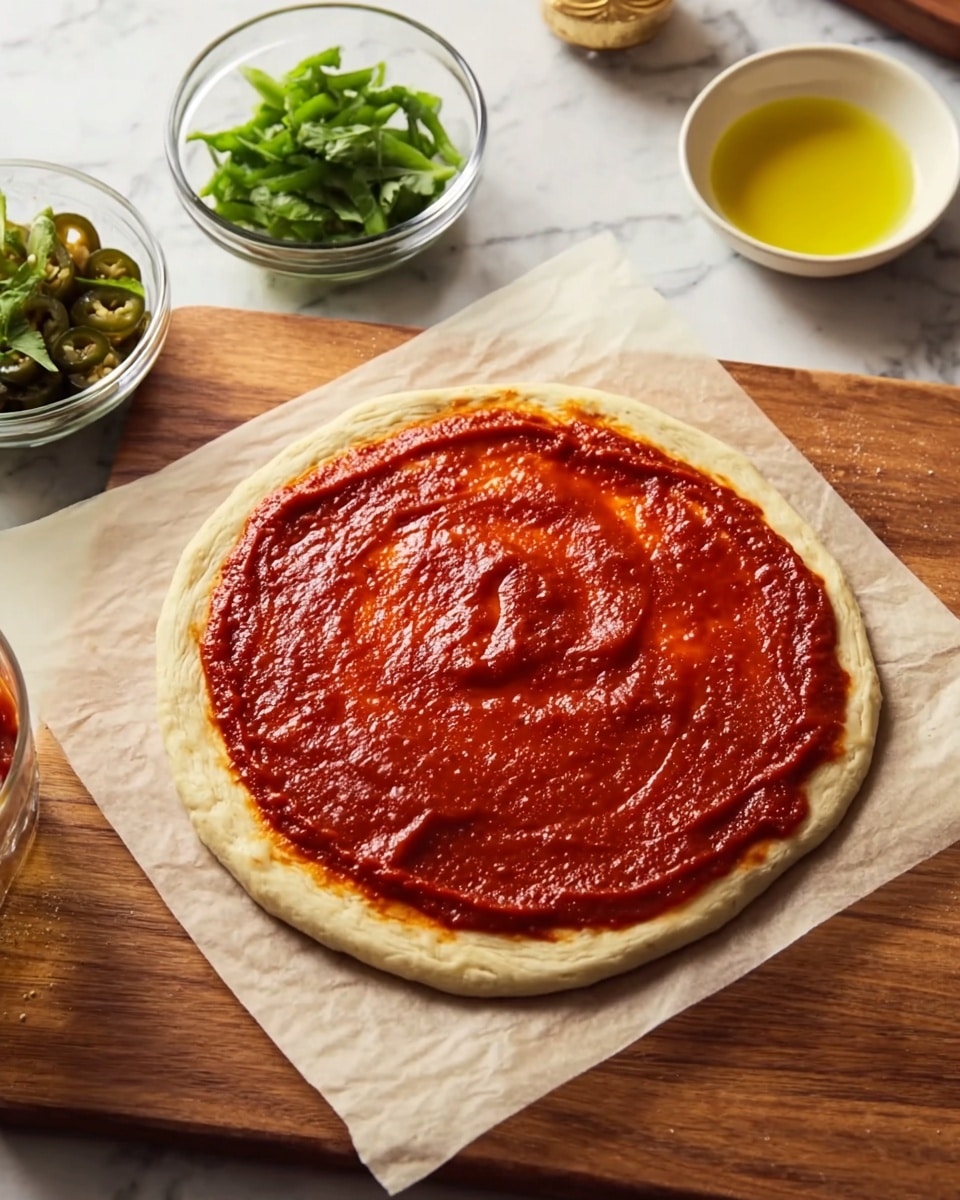 A small round pizza base is placed on parchment paper on a wooden board with a white marbled texture underneath. The base is topped with a thick, smooth layer of red tomato sauce that covers almost the entire surface, leaving a thin edge of plain dough visible. On the left side of the image, there are clear small glass bowls with green sliced jalapeños and fresh green herbs. The top right shows a small white bowl with yellow olive oil inside. Photo taken with an iphone --ar 4:5 --v 7