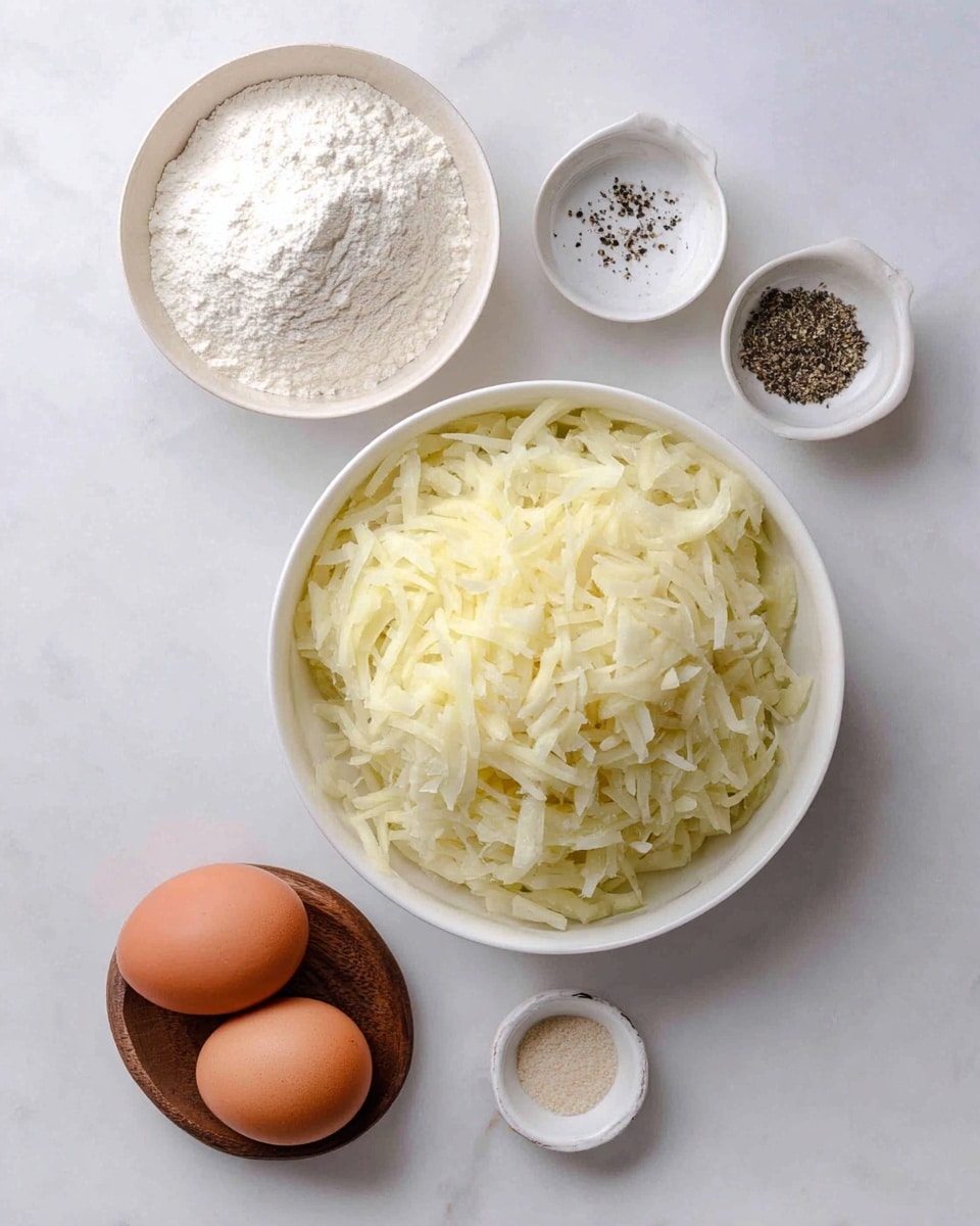 The image shows a top view of ingredients arranged on a white marbled surface. In the center is a large white bowl filled with a large pile of peeled and shredded potatoes, pale yellow in color. At the top right, there is a small white bowl with salt and black pepper neatly divided inside it. Above the shredded potatoes, to the left, is a slightly off-white bowl filled with white flour. Below the flour, two brown eggs rest each on its own small brown holder. At the bottom center, there is a tiny white dish with black dots containing a small amount of light beige powder. The layout is clean and simple, focusing on the ingredients. Photo taken with an iphone --ar 4:5 --v 7