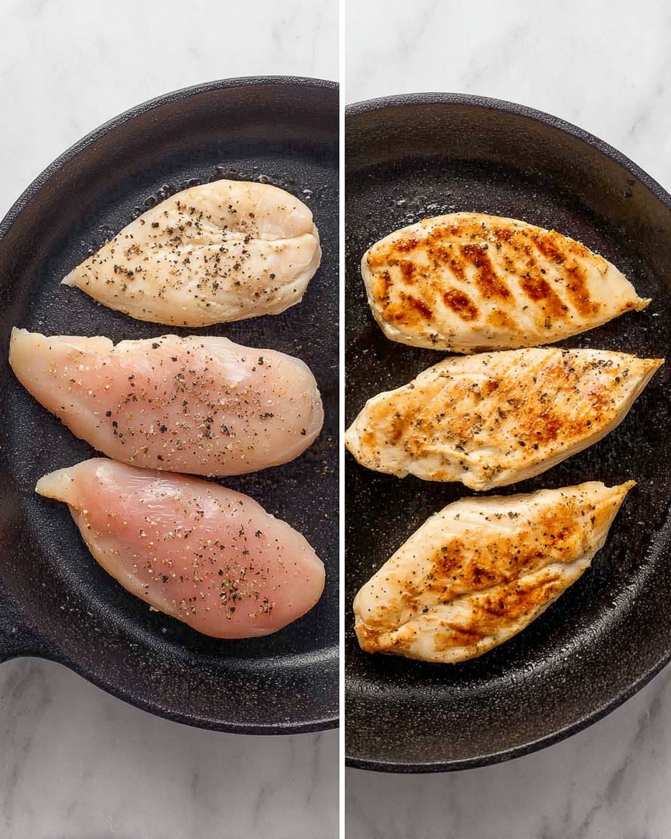 The image shows two side-by-side views of a black cast iron pan on a white marbled surface. The left side has three raw chicken breasts arranged in a triangle, lightly seasoned with black pepper. The right side shows the same three chicken breasts cooked, with a golden-brown surface and some grill marks, still arranged in a triangle in the pan. The edges of the cooked pieces appear slightly crispy and firm, contrasting with the smoother, pink raw pieces on the left side. photo taken with an iphone --ar 4:5 --v 7