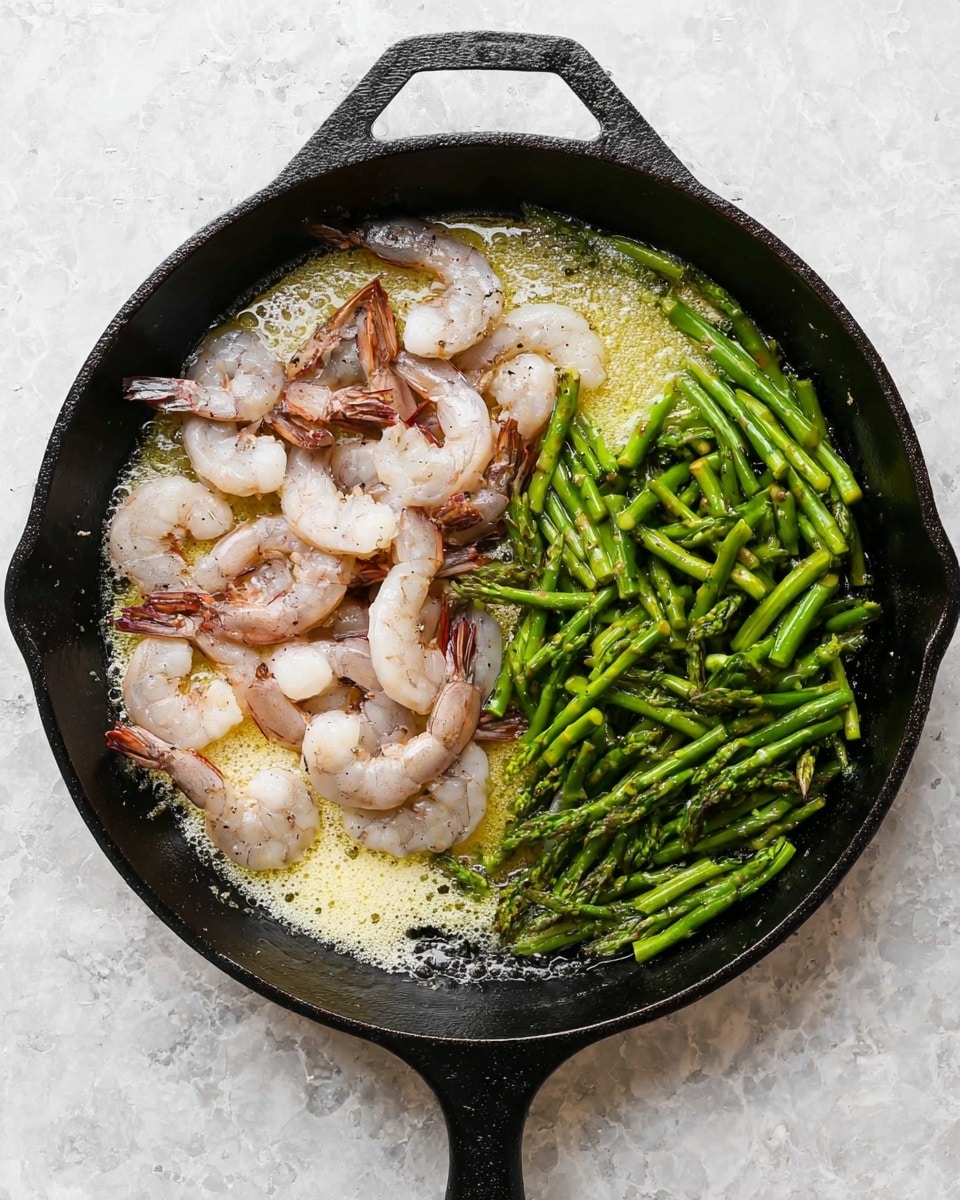 A black cast iron skillet is shown from above, with two main layers inside: on the left side, there are several raw shrimp in a pale pink color with brownish-red tails, sitting on a layer of melted butter that looks light yellow and bubbly; on the right side, bright green chopped asparagus stalks are arranged in a loose pile, showing a fresh and slightly crunchy texture. The background surface is white marbled texture. photo taken with an iphone --ar 4:5 --v 7