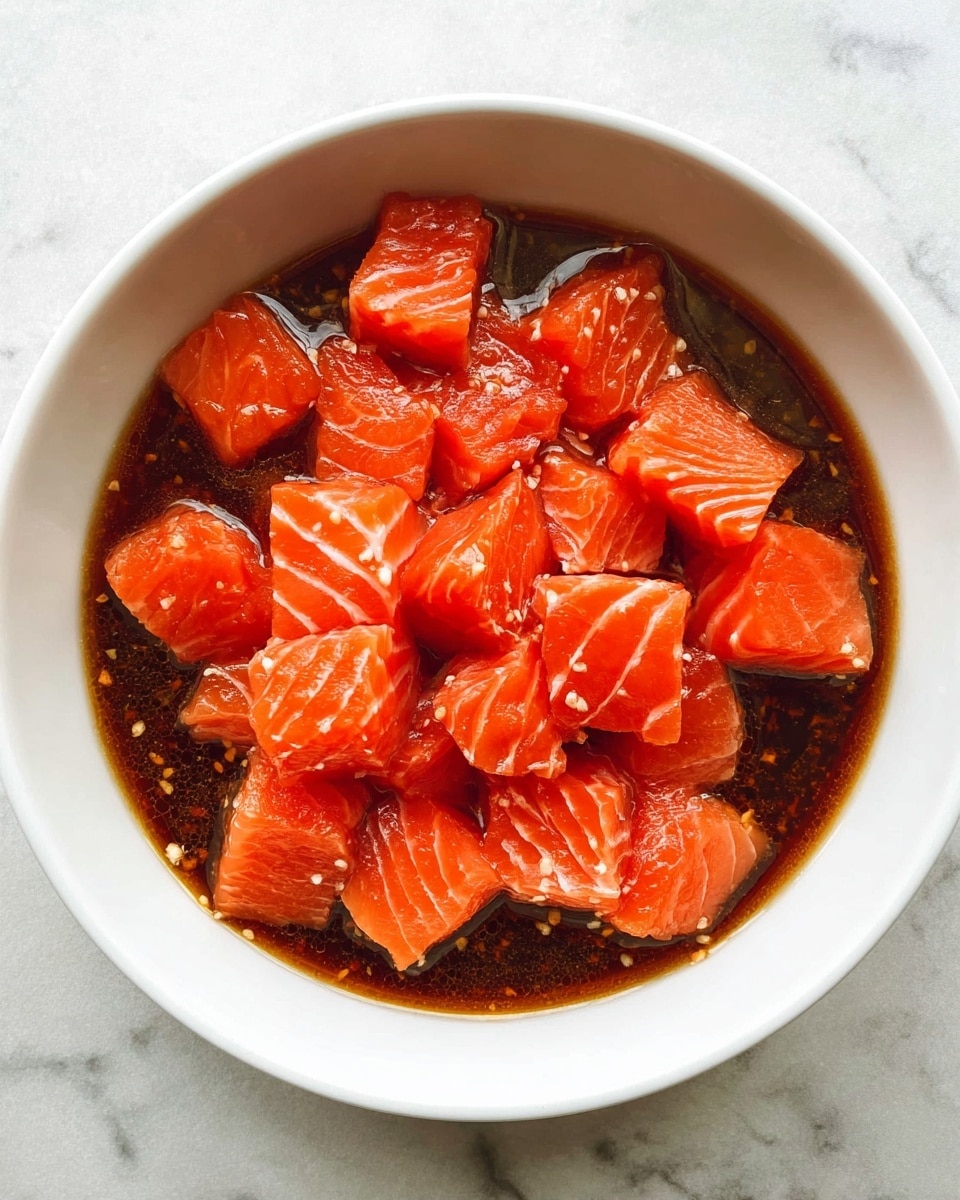 A white bowl filled with many pieces of bright orange raw salmon cubes, resting in a dark brown soy-like sauce with visible small bits of seasoning. The salmon pieces show smooth texture with white lines and are spread evenly in the sauce that fills the bottom of the bowl. The bowl is placed on a white marbled surface. photo taken with an iphone --ar 4:5 --v 7