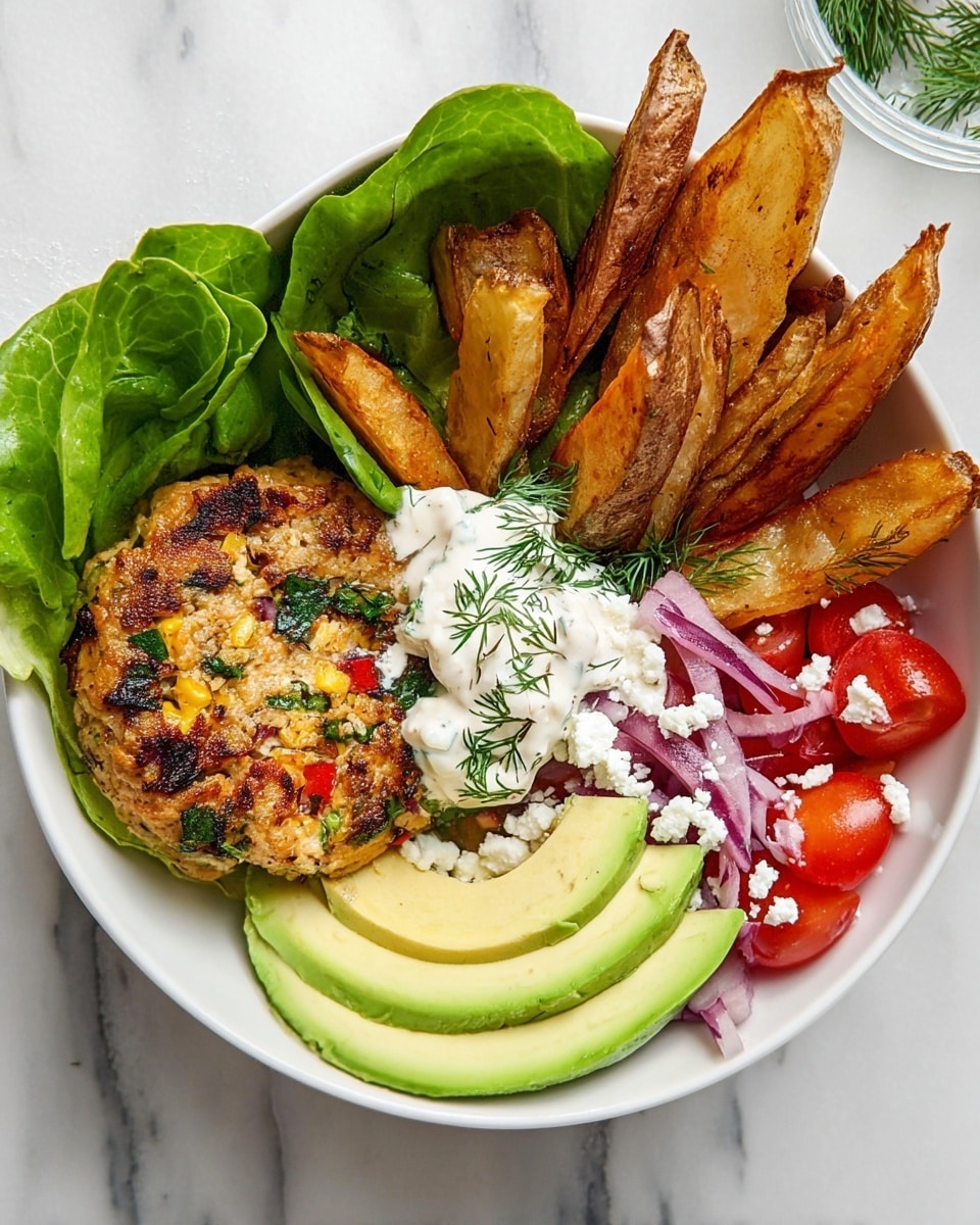 A white bowl on a white marbled surface holds a colorful meal with several sections: on the left, there are two green lettuce leaves as the base; on top of the leaves is a golden-brown patty with visible green herbs and small red pieces; below the patty are three long slices of light green avocado with a smooth texture; to the right of the avocado are bright red cherry tomato halves mixed with thin purple onion rings; above the tomato and onion, a cluster of crispy, golden potato wedges stands upright; in the center, there is a white dollop of creamy sauce sprinkled with fresh green dill; small white crumbles of cheese are scattered over the whole dish for garnish. photo taken with an iphone --ar 4:5 --v 7