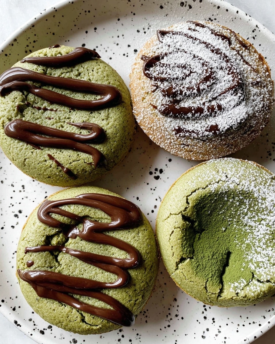 Four round green cakes with a cracked texture are placed on a white plate with black speckles. Two cakes have glossy dark brown chocolate drizzles on top, one with a swirl pattern and the other with three diagonal lines. Another cake is topped with powdered white sugar, and the last cake is plain, showing the rough cracked surface and a slight crater in the middle. The plate rests on a white marbled surface. photo taken with an iphone --ar 4:5 --v 7