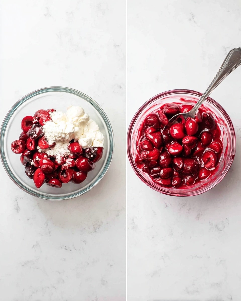The image shows two clear glass bowls on a white marbled surface. In the left bowl, there are three layers: at the bottom, bright red and dark cherries that are cut in halves, on top of them is a layer of white powder and cream. The right bowl shows the same cherries fully mixed with the white ingredients, creating a glossy, deep red cherry mixture with a silver spoon inside. The photo taken with an iphone --ar 4:5 --v 7