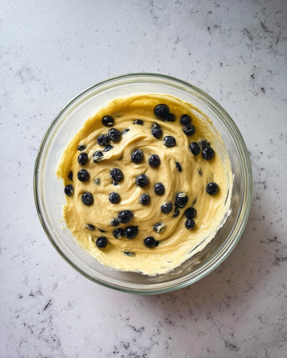 A clear glass bowl sits on a white marbled surface, filled with a single layer of light yellow batter mixed with scattered dark blue blueberries. The batter’s texture is smooth and thick, swirled gently across the bowl’s base with some blueberries partially submerged and others resting on top. photo taken with an iphone --ar 4:5 --v 7