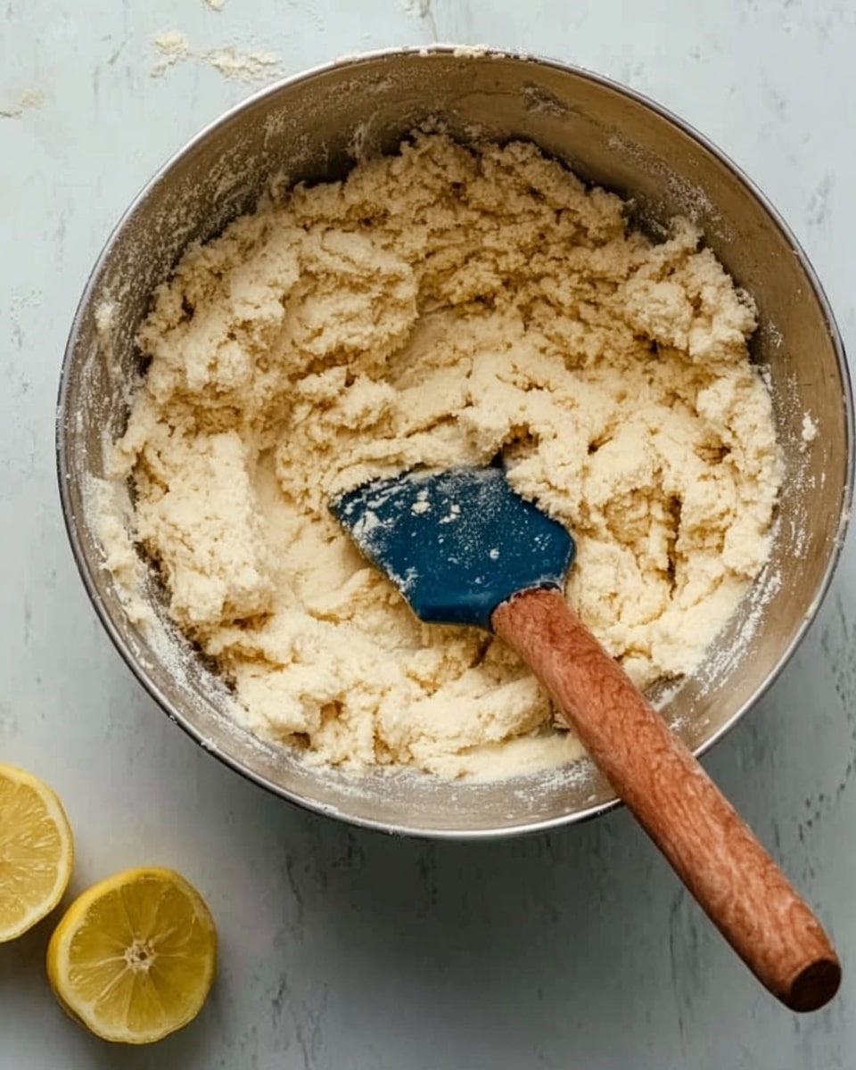 A large silver mixing bowl holds a light beige dough mixture with a soft and crumbly texture, unevenly combined. A spatula with a wooden handle and a blue rubber head is resting in the bowl, partly covered by the dough. The bowl is placed on a white marbled surface, with two halves of a lemon nearby, one lemon showing its bright yellow interior. photo taken with an iphone --ar 4:5 --v 7