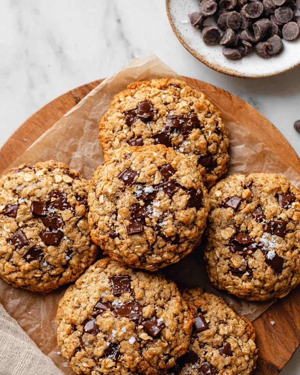 A close-up view of a group of six large oatmeal chocolate chip cookies placed on brown parchment paper over a round wooden board, each cookie showing a rough texture with visible oats and small melted dark chocolate chips scattered on top and throughout; the cookies have a golden brown color with some darker brown spots from baking, and there is a light sprinkling of coarse salt on some of the cookies; in the background, a white plate holds more chocolate chips, and the setting rests on a white marbled surface. photo taken with an iphone --ar 4:5 --v 7