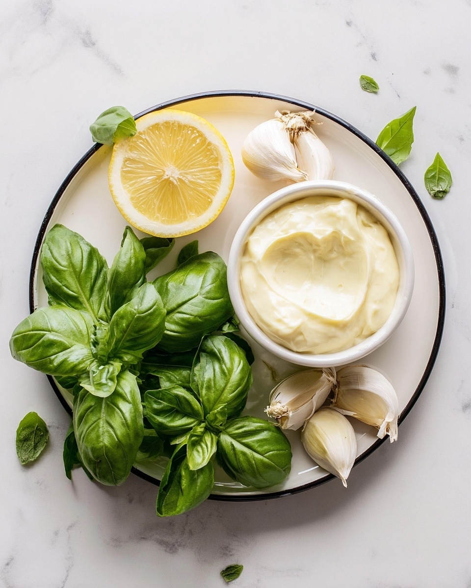 A white plate with a black rim holds fresh green basil leaves on the right side, three peeled garlic cloves above, a half lemon cut showing its bright yellow inside on the left, and a small white bowl filled with creamy pale yellow mayonnaise in the center. Some basil leaves are scattered around the plate’s edge. The plate rests on a white marbled surface. photo taken with an iphone --ar 4:5 --v 7