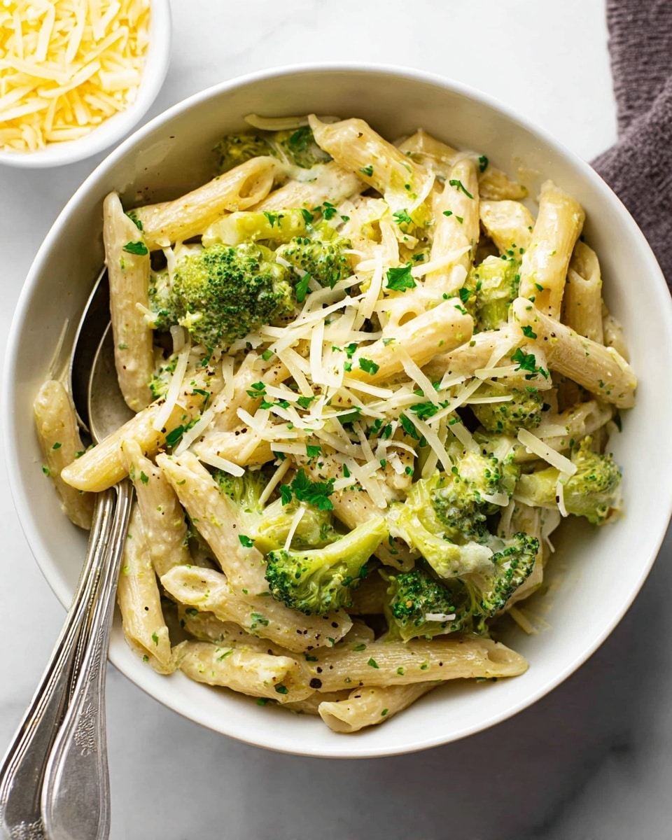 A white bowl holds creamy penne pasta mixed with green broccoli florets, all coated in a light sauce with specks of herbs. The pasta and broccoli layers are topped with shredded pale yellow cheese and small green parsley pieces. A silver fork and spoon rest on the side inside the bowl. The bowl is set on a white marbled surface with a blurred bowl of shredded cheese in the background. Photo taken with an iphone --ar 4:5 --v 7