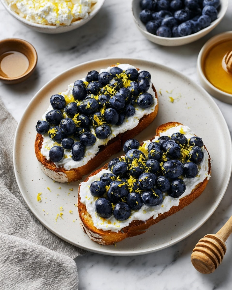 Two slices of toasted bread lie side by side on a white plate with a smooth edge, placed on a white marbled surface. Each slice is layered with a thick, soft spread of white cottage cheese, topped evenly with fresh, plump, dark blue blueberries. Bright yellow lemon zest is sprinkled over the blueberries, adding vibrant color contrast. In the background, there is a bowl of cottage cheese, a small bowl with honey and a wooden honey dipper, and a bowl filled with more blueberries. A light gray cloth is casually placed at the bottom left corner of the scene. photo taken with an iphone --ar 4:5 --v 7