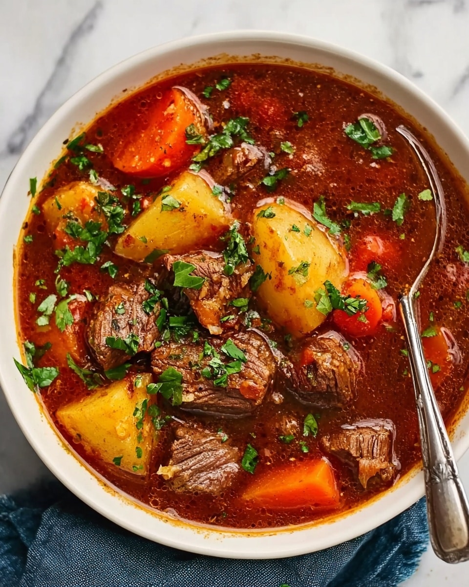 A white bowl filled with a rich, dark brown beef stew placed on a white marbled surface with a folded blue cloth under the bowl. The stew contains chunky pieces of tender brown beef, orange carrot slices, and yellow potato chunks, all mixed in a thick, shiny brown broth. Bright green chopped herbs are sprinkled on top, adding a fresh contrast. A silver spoon rests inside the bowl on the right side, partially submerged in the soup. photo taken with an iphone --ar 4:5 --v 7