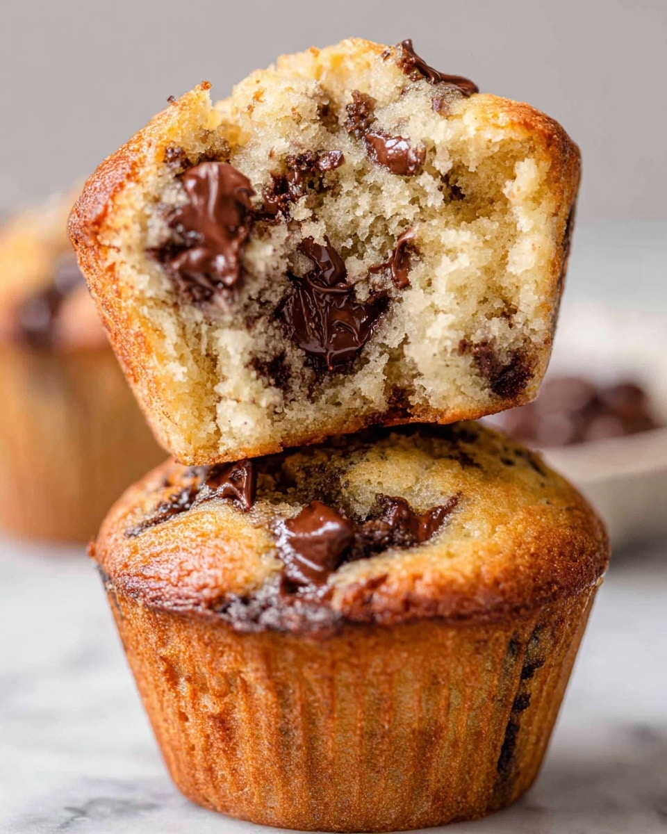 A close-up view of two chocolate chip muffins stacked vertically against a white marbled background. The bottom muffin shows a golden brown exterior with a slightly crispy texture and baked paper lining around its base. The top muffin is broken in half, revealing a soft, moist inside with light beige color and dark melted chocolate chips scattered throughout. The texture inside looks fluffy with a few shiny, gooey chocolate patches melted into the crumb. Photo taken with an iphone --ar 4:5 --v 7