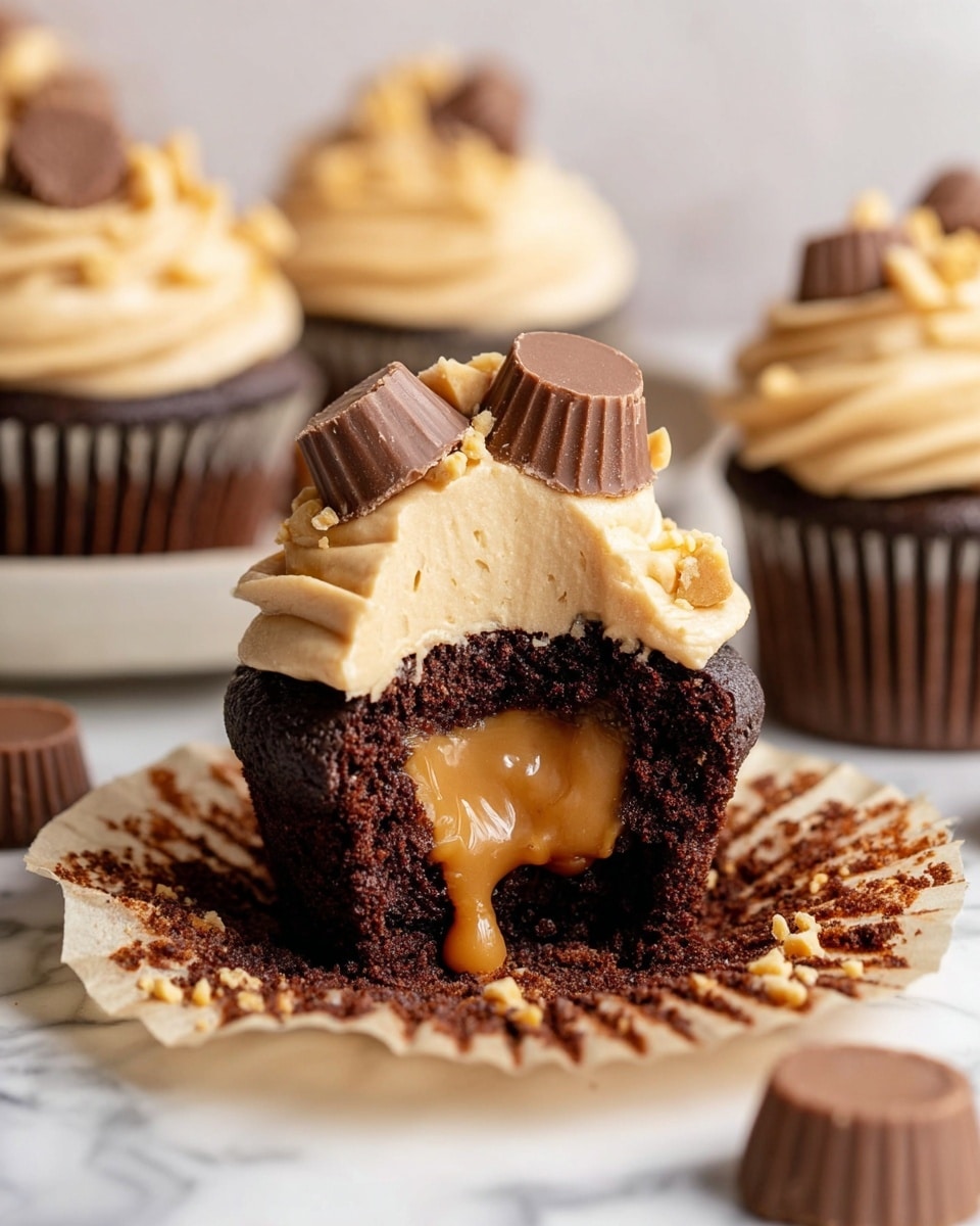 The image shows a close-up of a chocolate cupcake with three main layers. The bottom layer is a dark brown, moist chocolate cake. The middle layer is a smooth, runny caramel filling that oozes out from the cake. The top layer is thick, light beige peanut butter frosting shaped in a swirl. On top of the frosting, there are two halved peanut butter cup chocolates and a sprinkle of crushed peanuts scattered around. The cupcake sits on a piece of brown parchment paper on a white marbled surface, with other similar cupcakes and peanut butter cups blurred in the background. Photo taken with an iphone --ar 4:5 --v 7