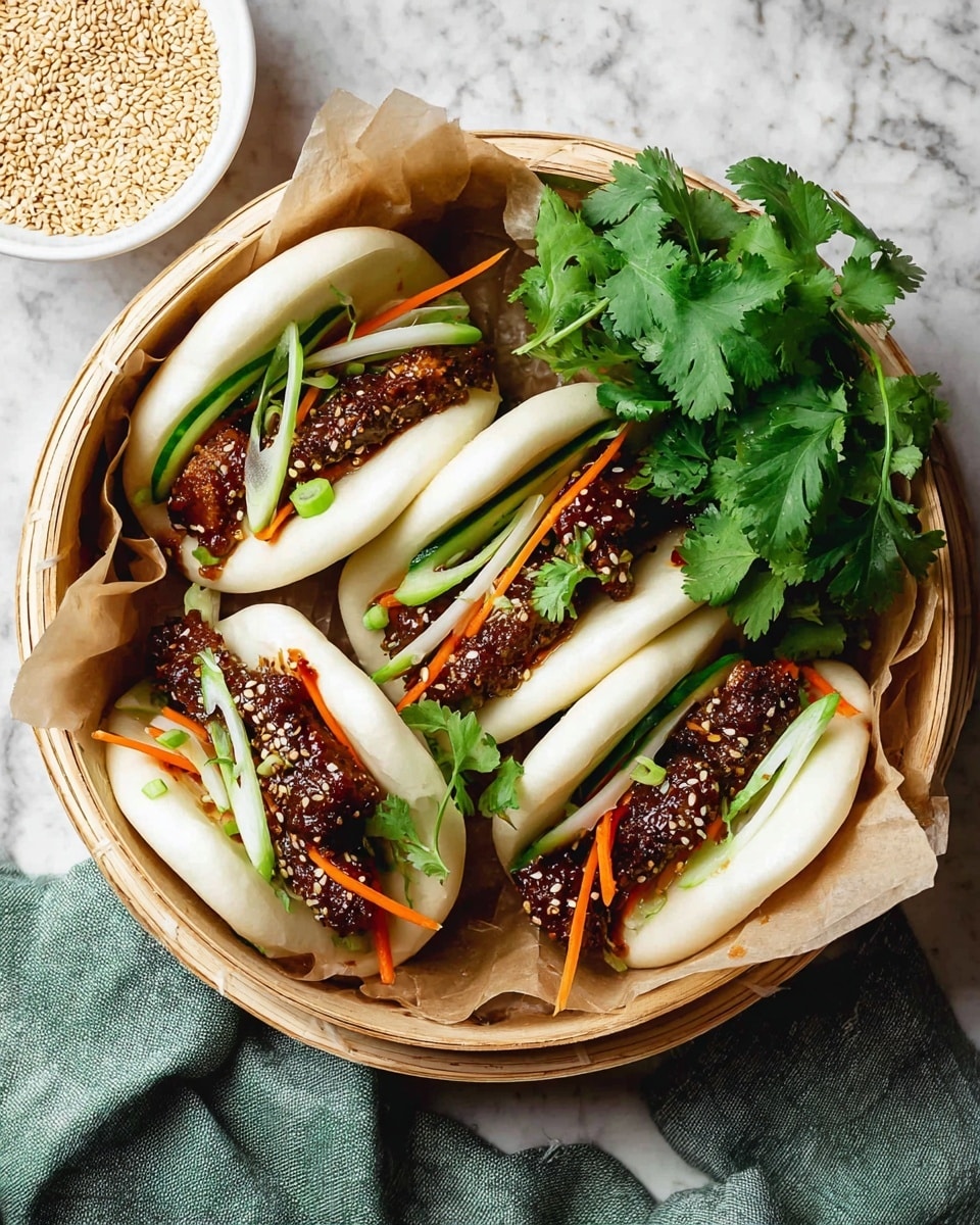 A round basket lined with light brown parchment paper holds four white steamed buns filled with layers of dark brown crispy fried pieces coated in a shiny sauce, thin strips of bright orange carrot, pale white radish, and green cucumber slices, all topped with green scallion slices and white sesame seeds. Fresh green cilantro sprigs fill the top-right corner of the basket, adding a leafy texture. The basket rests on a white marbled surface next to a white bowl filled with sesame seeds and a folded green cloth. Photo taken with an iphone --ar 4:5 --v 7