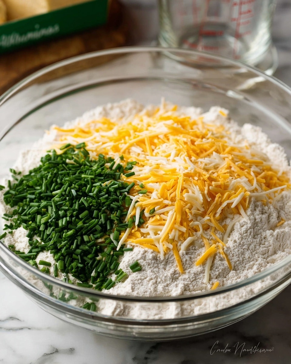 A clear glass bowl sits on a white marbled surface, filled with three main layers of ingredients: a base layer of white flour, a middle layer of finely chopped bright green chives piled on one side, and the top layer made of yellow and white shredded cheese scattered mostly in the center. The ingredients create a colorful contrast against the transparent bowl and white flour. In the blurred background, the edge of a transparent measuring cup and a green box can be seen. Photo taken with an iphone --ar 4:5 --v 7