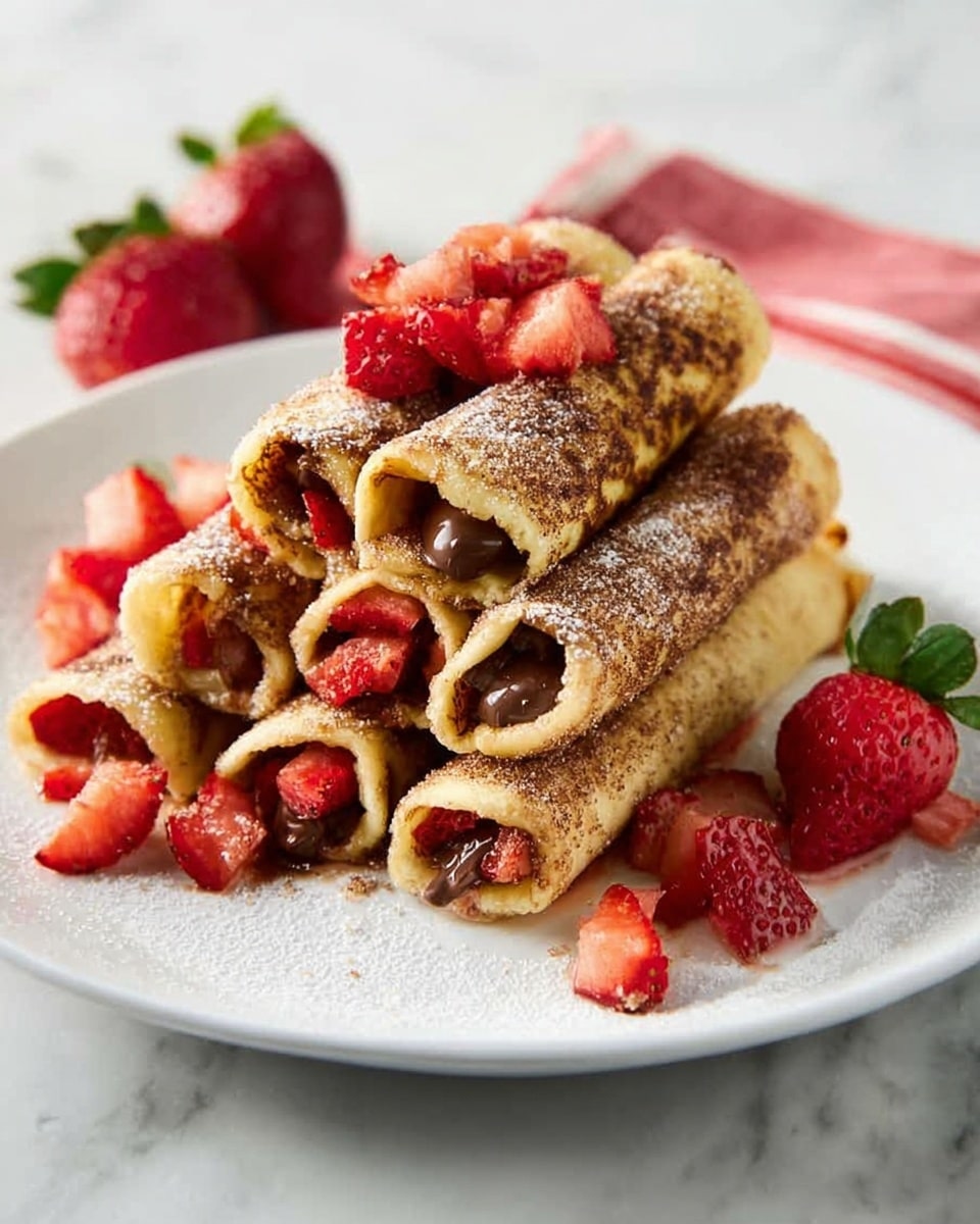 The dish shows a stack of six rolled pancakes arranged in a pyramid shape on a white plate. Each pancake has a golden-brown crust with a light dusting of sugar or cinnamon on top. Inside the rolls, there are visible pieces of bright red strawberries and melted chocolate. Around the stacked rolls, there are small chunks of fresh strawberries, with two whole strawberries with green leaves placed on the edges of the plate. The plate is set on a white marbled surface with a hint of red-striped cloth in the background. Photo taken with an iphone --ar 4:5 --v 7