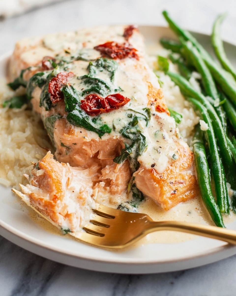 A white plate on a white marbled surface holds a cooked salmon fillet with a golden-brown top layer. On top of the salmon is a creamy white sauce with green spinach leaves and bits of red sun-dried tomatoes. A gold fork is breaking a piece of the salmon, showing its light pink, flaky inside. To the right side of the plate are bright green cooked green beans, also topped with the creamy sauce. In the background, there is a layer of light-colored creamy risotto with small red sun-dried tomato pieces mixed in. Photo taken with an iphone --ar 4:5 --v 7