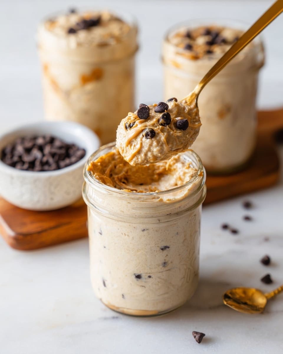 The image shows a clear glass jar filled with a creamy beige mixture that has a rough, thick texture, with golden peanut butter swirled throughout and small dark chocolate chips scattered on top and within the mixture. A golden spoon is scooping some of the mixture, lifting it above the jar. In the background, two similar jars filled with the same mixture are slightly out of focus, and a small white bowl filled with dark chocolate chips is visible. The jars and bowl sit on a white marbled surface with a wooden board nearby that has a few chocolate chips on it. Photo taken with an iphone --ar 4:5 --v 7