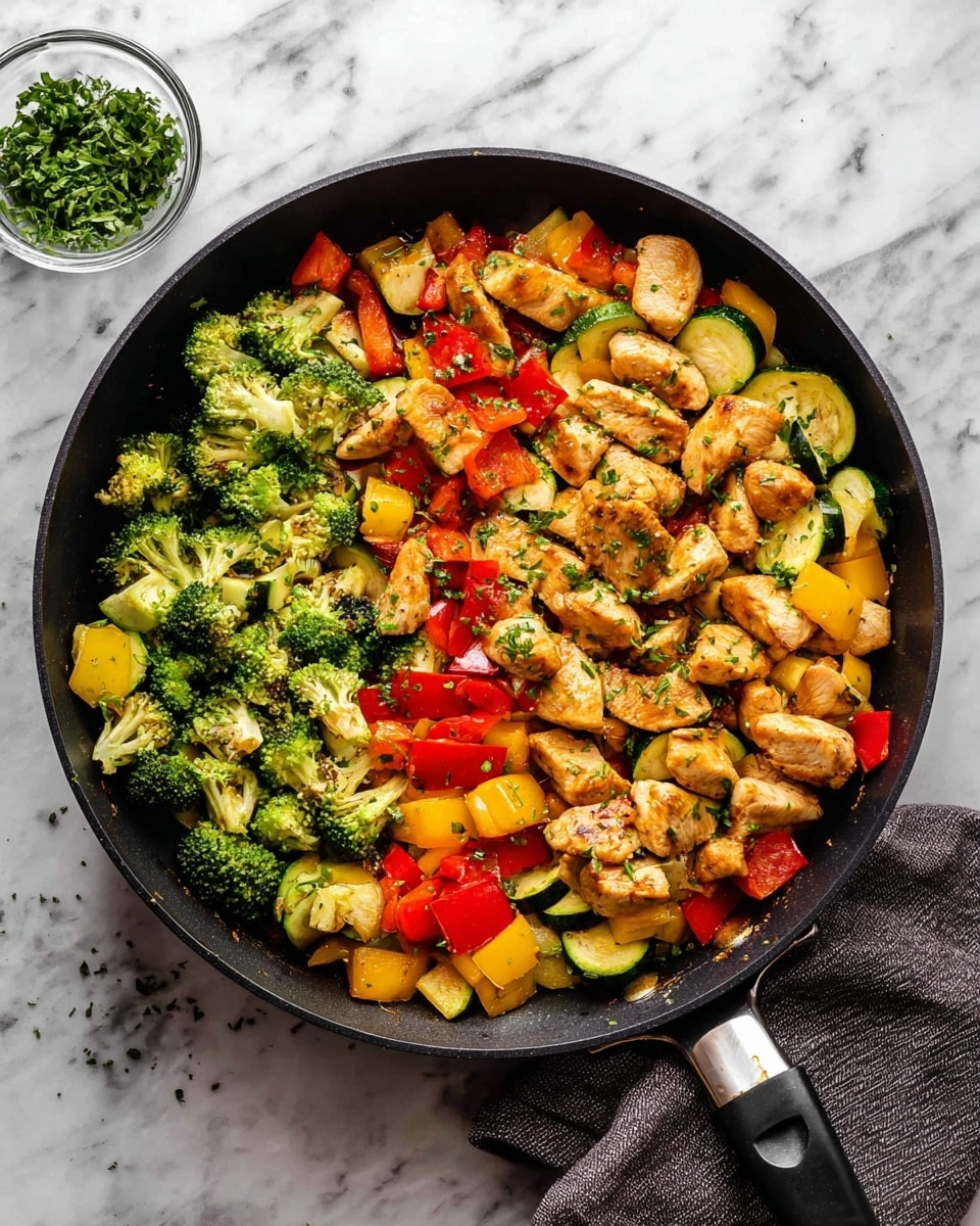 A black frying pan filled with a colorful stir-fry, showing about three main layers: the base layer has chopped green broccoli florets with soft texture, scattered around; the middle layer consists of chunky red and yellow bell pepper pieces, and sliced green zucchini with a glossy surface; the top layer is made of medium-sized, lightly browned cooked chicken chunks, sprinkled with small green herb bits. The pan is set on a white marbled surface, with a small clear glass bowl of chopped fresh green herbs placed near the top left corner, and a dark gray cloth partially seen under the pan handle on the right side. photo taken with an iphone --ar 4:5 --v 7