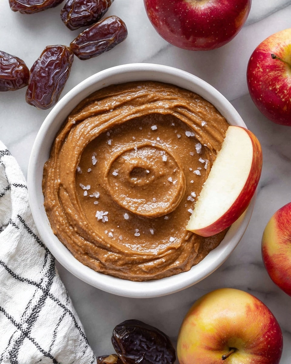 A white round bowl filled with smooth, brown nut butter spread evenly with gentle swirls on the surface, sprinkled with small flakes of sea salt. A red apple slice with white flesh is dipped into the nut butter on the right side of the bowl. Around the bowl, there are whole red apples with yellow patches and some dark brown dates on a white marbled surface, next to a corner of a white cloth with black stripes. Photo taken with an iphone --ar 4:5 --v 7