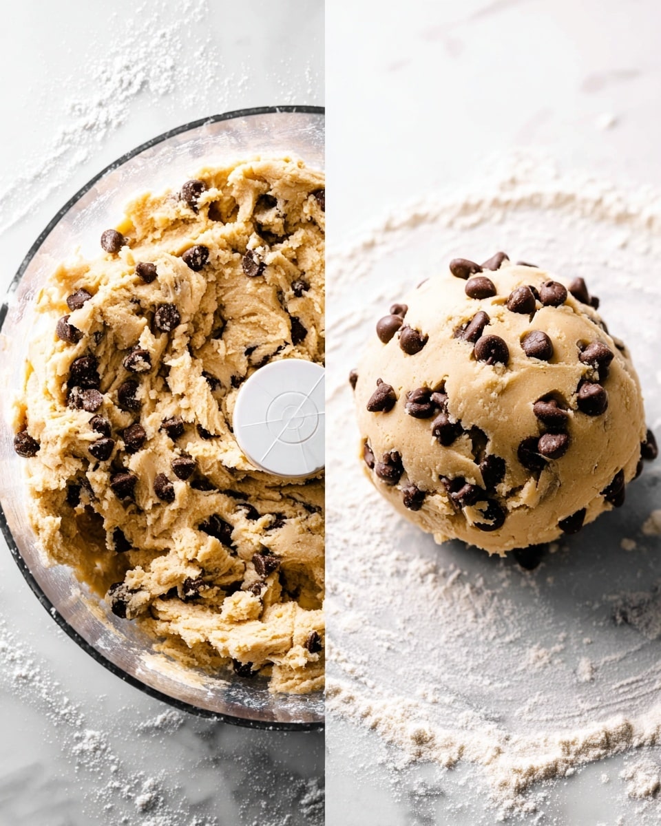 The image shows two close-up views side by side. On the left side, there is a clear glass bowl containing light beige cookie dough clumps mixed with many dark brown chocolate chips. The dough looks soft and sticky, piled around the center white blade of a food processor. On the right side, there is a single round ball of dough, light beige in color and packed with dark brown chocolate chips, sitting on a white marbled surface with some scattered flour dust around it. photo taken with an iphone --ar 4:5 --v 7