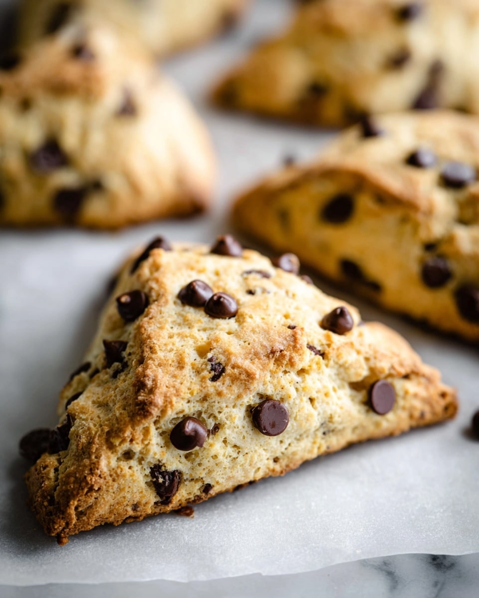 A close-up view of a single triangular scone with a rough, crumbly texture colored light golden brown, studded generously with dark brown chocolate chips scattered throughout. In the blurred background, several more scones of the same kind sit on a piece of parchment paper with a soft white marbled texture beneath. The scone’s surface shows small cracks and uneven edges, giving it a homemade look. The lighting highlights the golden tones and the slightly melted chocolate chips. photo taken with an iphone --ar 4:5 --v 7