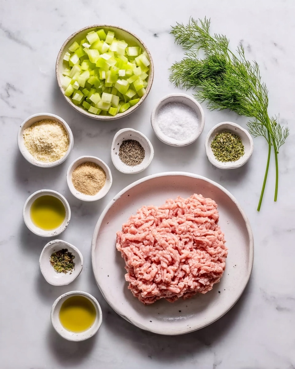 The image shows one large white plate with pink minced meat placed on the right side of a white marbled surface. Surrounding it on the left and above are seven small white bowls arranged in a loose circle, each containing different ingredients: diced pale green celery, green dried herbs, pale yellow flour, light brown powder, a mix of salt and black pepper, golden brown sugar, and a small amount of olive oil with a yellow-green color. In the top right corner, there is a small bunch of fresh dill with its feathery green leaves adding a touch of nature to the scene. Everything is neatly arranged and well-lit, highlighting the fresh and natural look of the ingredients. photo taken with an iphone --ar 4:5 --v 7