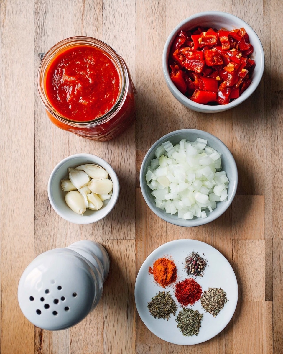 The image shows a top view of various ingredients on a light wooden surface. There is a clear glass jar filled with bright red tomato sauce positioned in the top left. To its right, a white bowl holds chopped red roasted peppers with darker charred spots. Below, another white bowl contains diced white onions. Next to the onions, another white small bowl has minced garlic. Close to the center, a small white plate holds four piles of seasonings: red paprika powder, brown cumin powder, dried thyme, and red pepper flakes. On the left side near the bottom, there is a white pepper grinder. The overall scene has a clean and organized look. Photo taken with an iphone --ar 4:5 --v 7