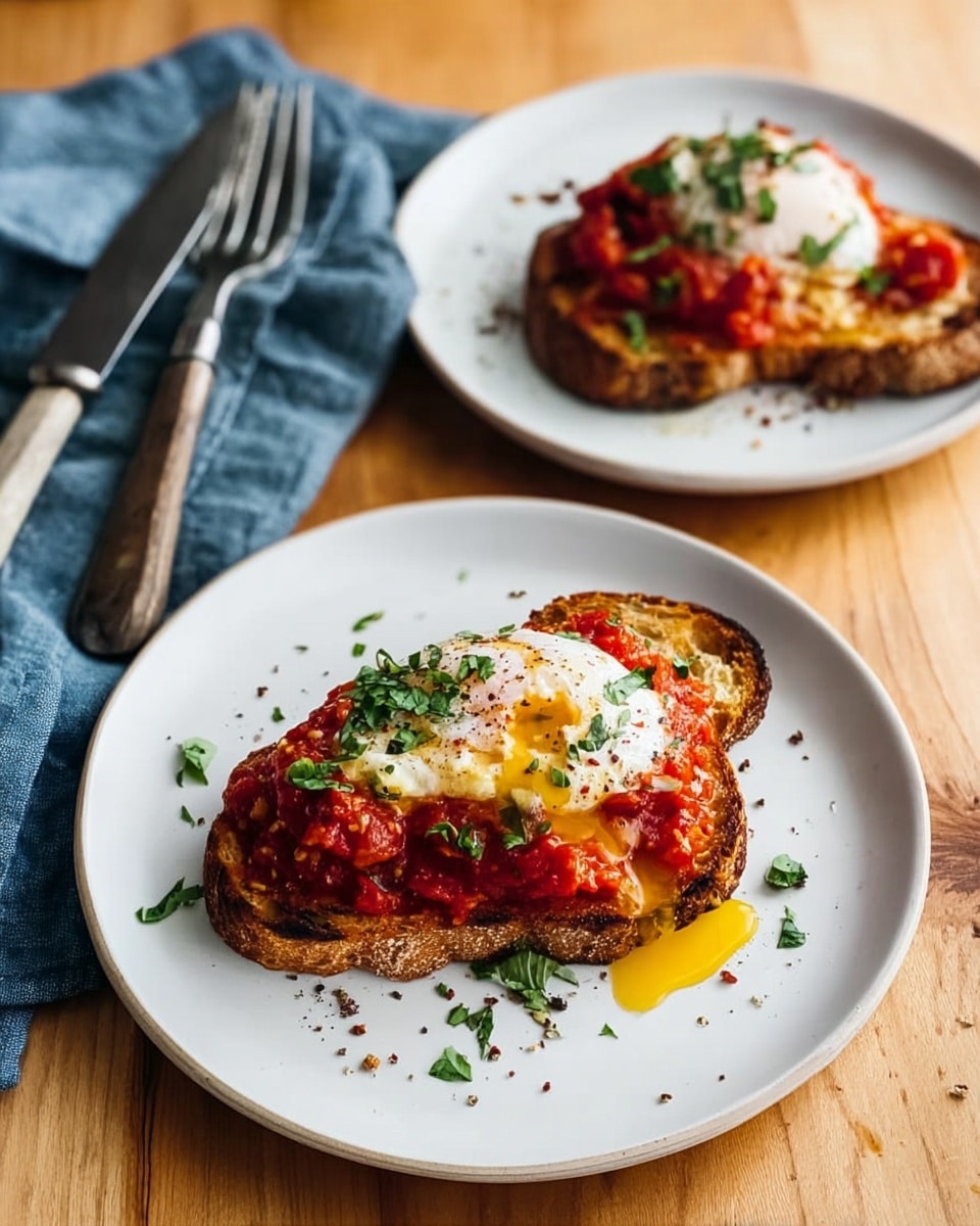 Two white plates sit on a light wood table, each with one serving of toasted bread topped with chunky red tomato sauce, a soft poached egg with a slightly runny yellow yolk, and green chopped herbs scattered on top. The bread is golden brown with some darker, crispy edges. Around the plates are small flakes of black pepper and herbs. To the left, there is a blue cloth napkin with a knife and two forks resting on it. Photo taken with an iphone --ar 4:5 --v 7