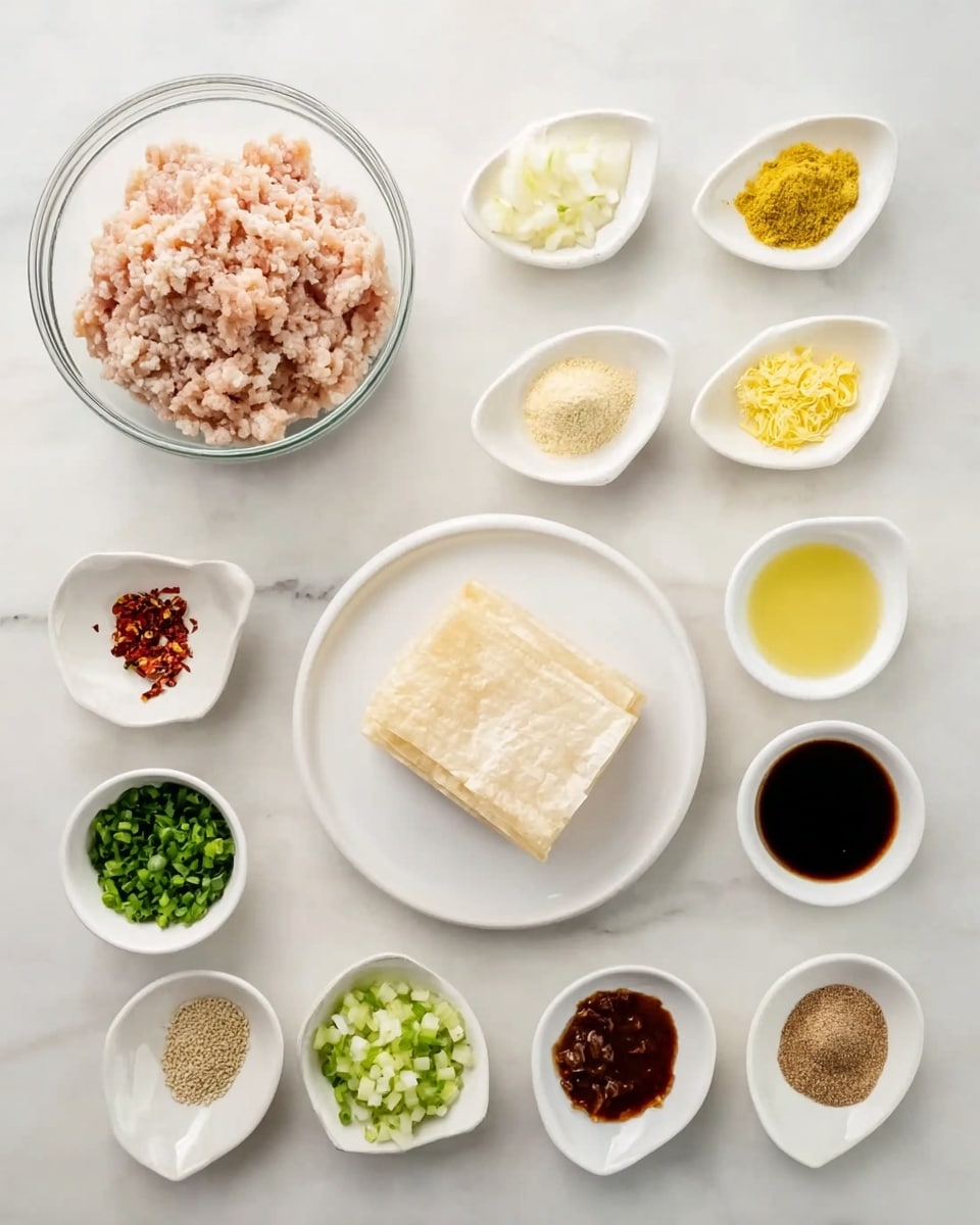 The image shows a neat arrangement of ingredients on a white marbled surface, all in clear glass or white dishes. In the top left corner, there is a large glass bowl filled with pale pink ground meat. To the right of it, there are small white dishes with yellow powder, finely diced white onions, yellow zest, and dried red chili flakes. Below the bowl, there is a white round plate holding a square piece of tofu skin. Around the plate and bowls, there are other small white dishes containing green chopped herbs, brown sauce, white sesame seeds, a dark thick liquid, brown paste, minced garlic, and light yellow oil. Each item is clearly separated and the colors range from pale pink to bright green, white, brown, and yellow. The photo taken with an iphone --ar 4:5 --v 7