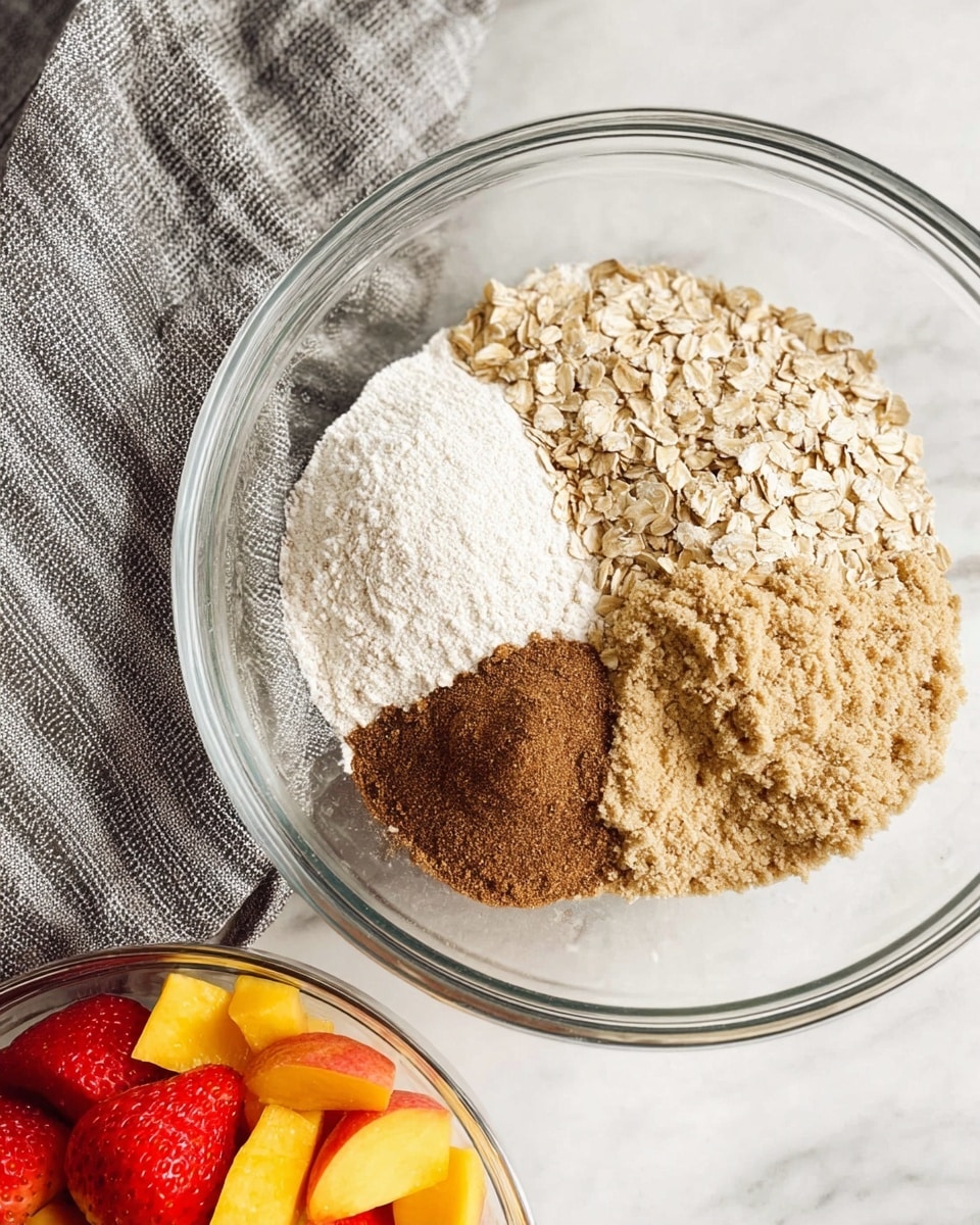 A clear glass bowl sits on a white marbled surface, filled with four distinct layers positioned side by side: white flour with a soft powdery texture, light beige rolled oats with a coarse texture, two rounded piles of light brown sugar with a grainy texture, and a small mound of dark brown cinnamon powder in between the sugars and flour. Below the bowl, a smaller clear glass bowl shows chunks of red strawberries and orange-yellow peach pieces. A gray and white striped cloth is folded casually nearby. Photo taken with an iphone --ar 4:5 --v 7