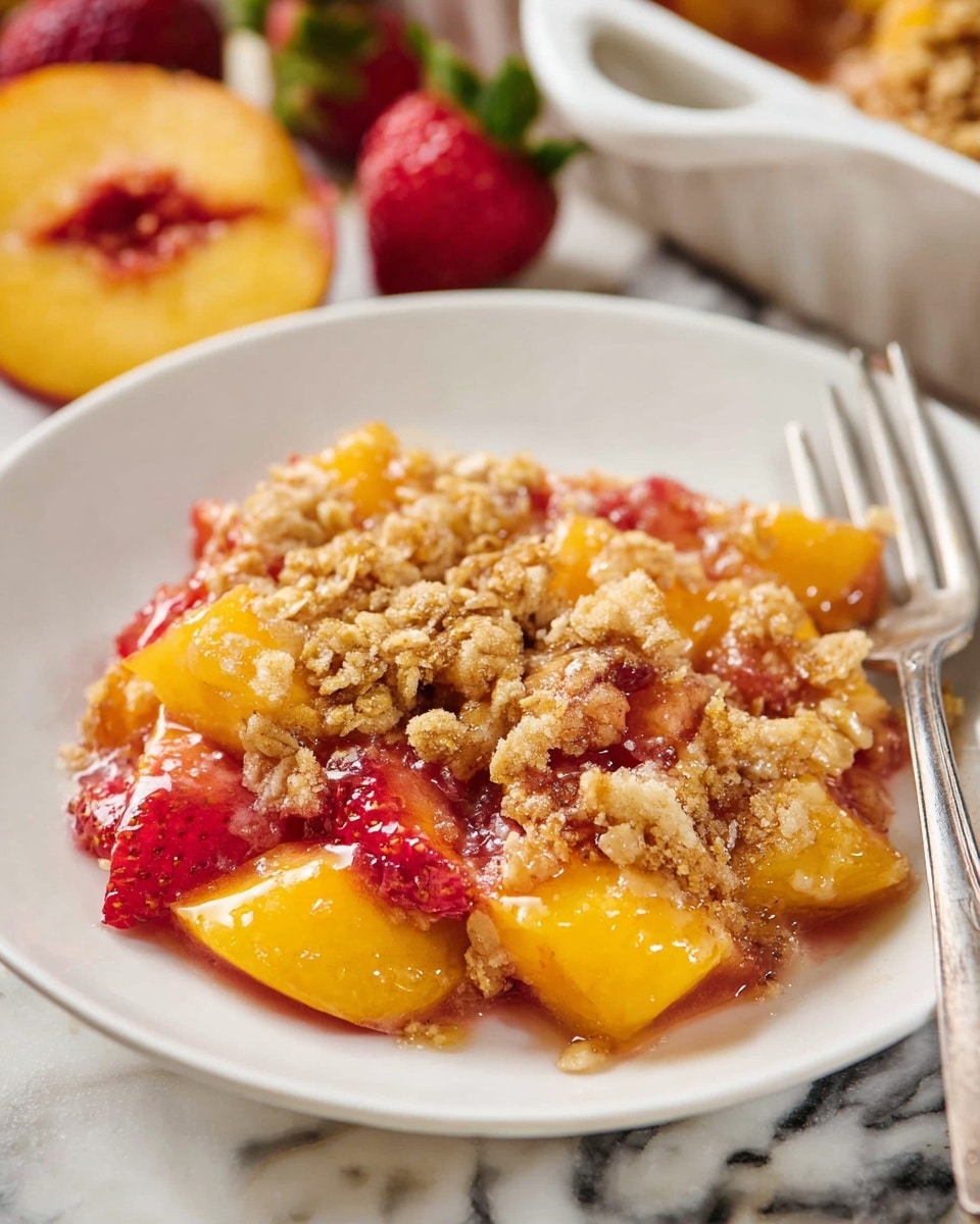 A white round plate holds a fruit crumble dessert with two main layers visible: the bottom layer is made up of soft chunks of bright yellow peaches and red strawberries, glistening with syrup, while the top layer is a golden-brown crumbly oat topping that looks crunchy and unevenly scattered over the fruit. The plate is placed on a white marbled surface, with a silver fork resting nearby on the right side. In the upper background, part of a white serving dish with more crumble and some fresh strawberries and peaches are slightly blurred but add color to the scene. photo taken with an iphone --ar 4:5 --v 7