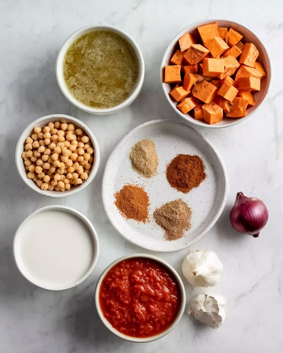 The image shows seven white bowls arranged on a white marbled surface. Starting from the top right, there is a bowl filled with orange cubed sweet potatoes, to its left is a bowl with light green broth or sauce with visible herbs. Below that, another bowl contains pale yellow chickpeas. To the right of the chickpeas, a white plate holds five piles of different brown and tan spices arranged in a circle. Below and to the left is a small bowl of white coconut milk, and next to it, a bowl of red tomato sauce with chunks. Three cloves of garlic and one small dark purple onion are placed between the bowls near the top right of the image. The photo is taken with an iphone --ar 4:5 --v 7
