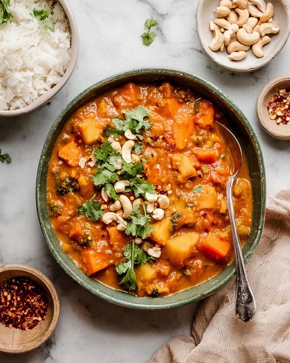A green bowl filled with thick orange stew containing chunks of soft vegetables is topped with green cilantro leaves and scattered white cashew nuts. A silver spoon rests inside the bowl on the right side. The bowl sits on a white marbled surface next to a beige cloth. Nearby are smaller white bowls, one with white rice, another with more orange stew, and a small bowl with red chili flakes. Photo taken with an iphone --ar 4:5 --v 7