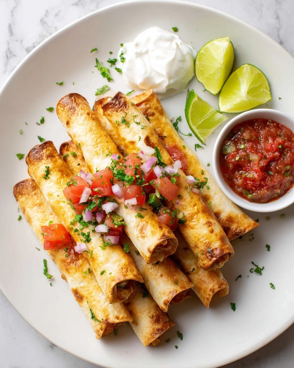 A white plate holds eight golden-brown rolled tacos stacked in two layers, five on the bottom and three on top, sprinkled with diced red tomatoes, green jalapeño pieces, and small red onion cubes mixed with chopped green herbs. To the upper right of the plate, there are three lime wedges, while a dollop of white sour cream sits on the upper left. Next to the sour cream is a small white bowl filled with chunky red salsa. The whole scene is set on a white marbled surface. photo taken with an iphone --ar 4:5 --v 7