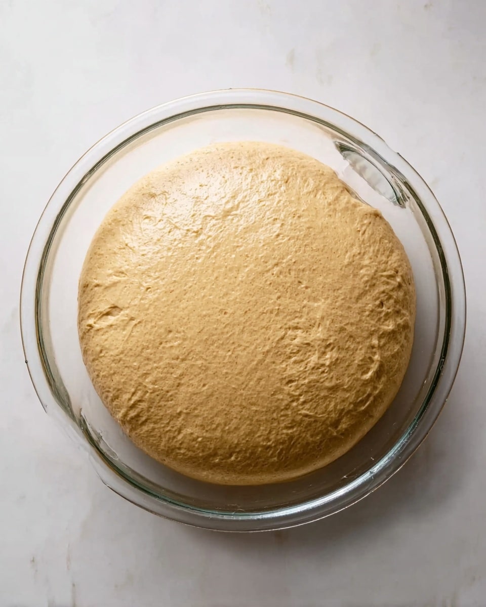 A clear round glass bowl sits on a white marbled surface, filled with a single thick round layer of light brown dough that has risen and almost fills the bowl. The dough’s surface is smooth with some small bubbles, showing it is soft and stretched. The bowl's rim is clear and shiny, with a small spout visible on one side. The scene is bright with even light, highlighting the dough texture clearly. photo taken with an iphone --ar 4:5 --v 7