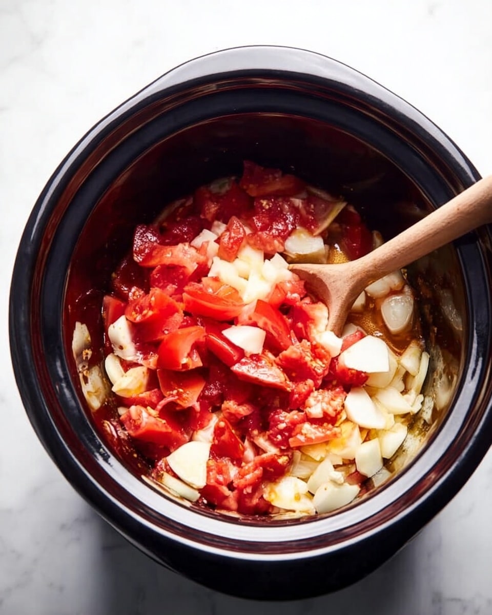 The image shows a slow cooker with a dark inside layer filled with several layers of ingredients. At the bottom, there are white and light yellow pieces that look soft and somewhat smooth, probably onion and garlic. On top of that, there are bright red chunks of tomato with a juicy and slightly rough texture. A wooden spoon with a light natural wood color is seen inside the slow cooker, resting on the food. The whole cooker is set on a surface with a white marbled texture. photo taken with an iphone --ar 4:5 --v 7