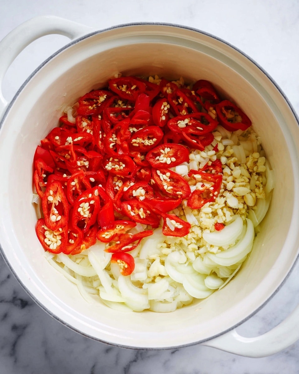 A white pot filled with three main layers starts with a bottom layer of thin, round, light yellow onion slices spread out on the base. Above it, small pieces of minced garlic are layered in the middle, showing a creamy white color and fine texture. The top layer is a collection of bright red sliced chili peppers, with some seeds visible inside, adding a vibrant contrast to the onion and garlic underneath. The pot is set on a white marbled surface. Photo taken with an iphone --ar 4:5 --v 7