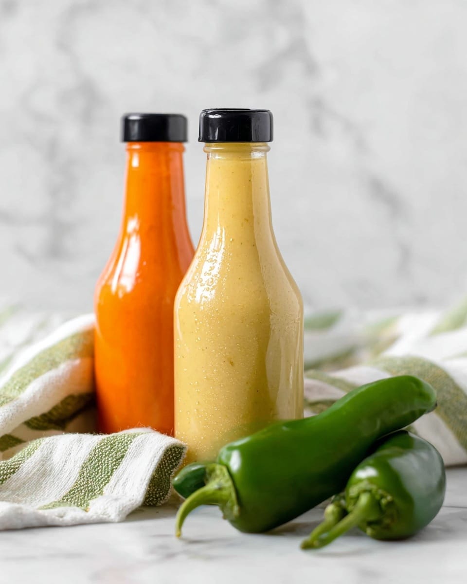 The image shows two glass bottles of sauce with black caps, placed side by side on a white marbled surface. The bottle in the front contains a light yellow sauce, with a smooth texture and slight condensation on the bottle's surface. Behind it, the second bottle holds a bright orange sauce, also smooth and shiny. In front of the bottles, there are three fresh green peppers with a glossy surface, resting partially on a white cloth with green stripes. The background is a soft white marbled texture. Photo taken with an iphone --ar 4:5 --v 7